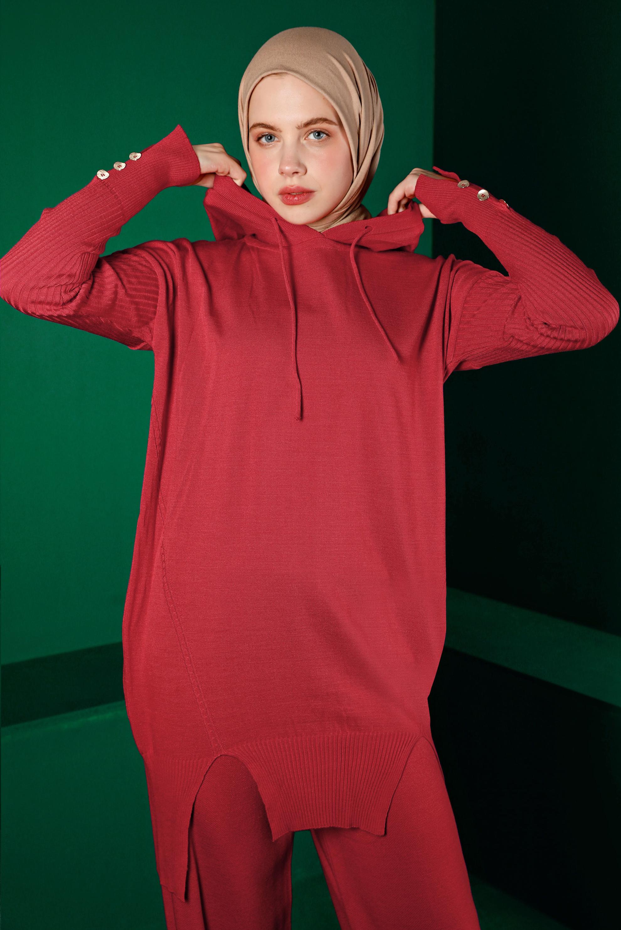 Tesettür giyim MERCAN YIRTMAÇ DETAYLI İKİLİ PANT. TRİKO TAKIM 43213