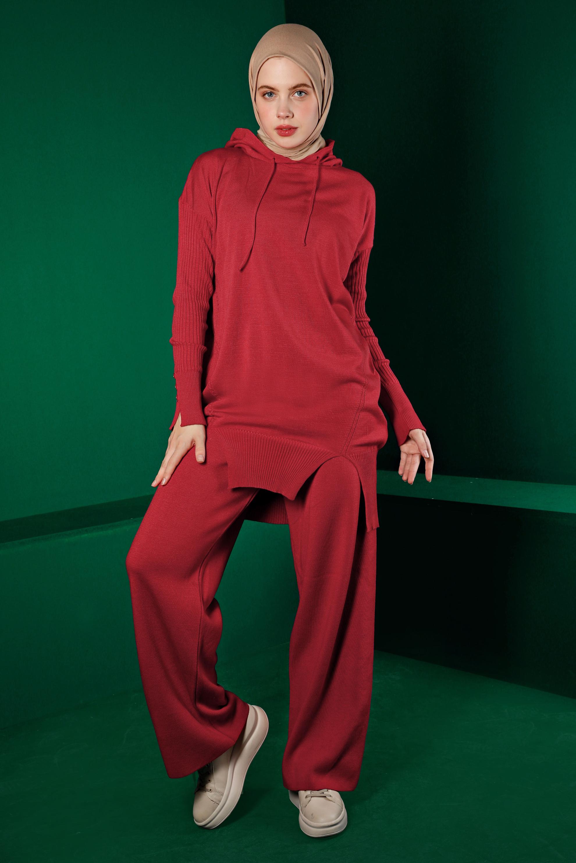 Tesettür giyim MERCAN YIRTMAÇ DETAYLI İKİLİ PANT. TRİKO TAKIM 43213