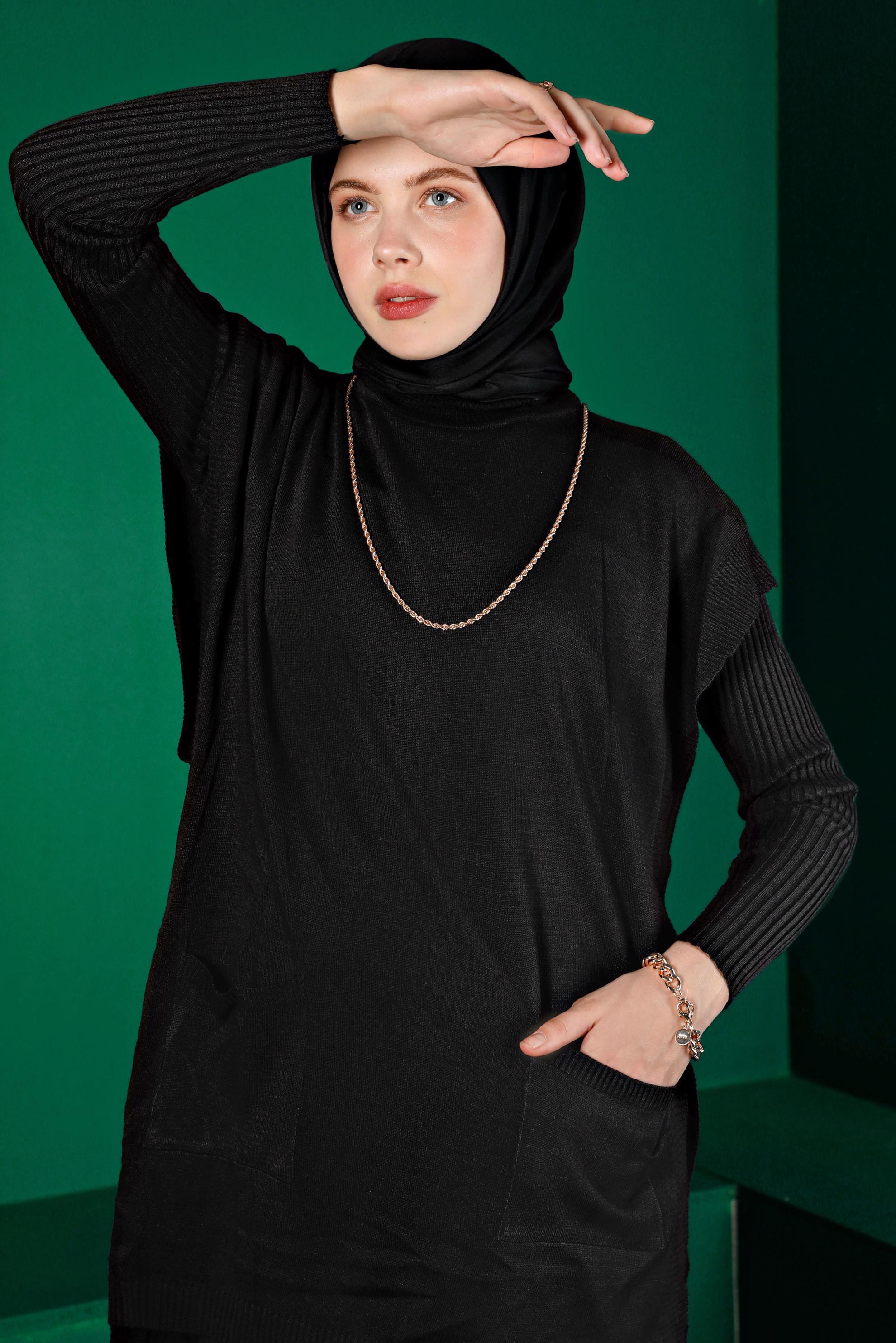 Tesettür giyim SİYAH FİTİLLİ YIRTMAÇLI ÜÇLÜ PANTOLON TRİKO TAKIM 43214