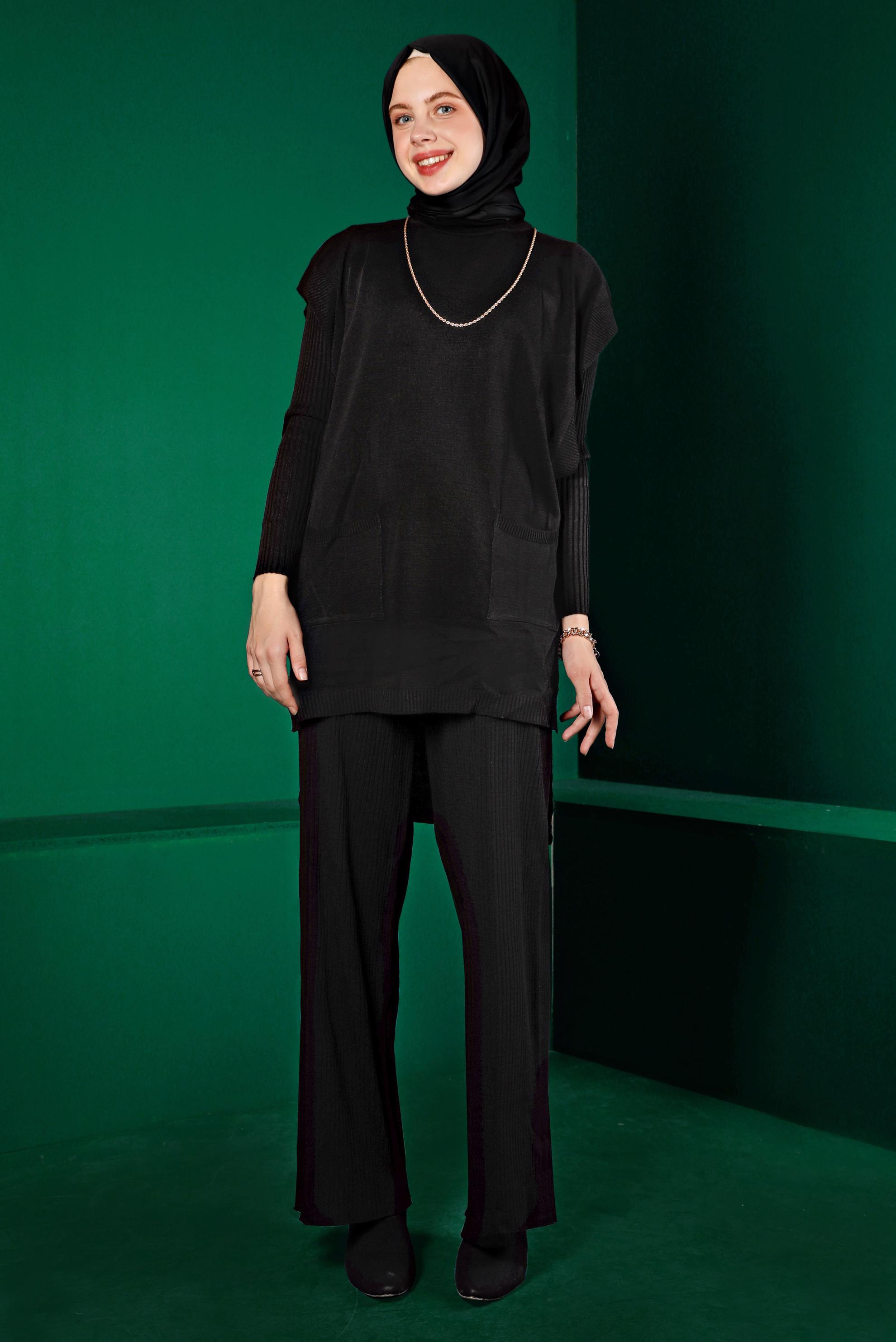 Tesettür giyim SİYAH FİTİLLİ YIRTMAÇLI ÜÇLÜ PANTOLON TRİKO TAKIM 43214
