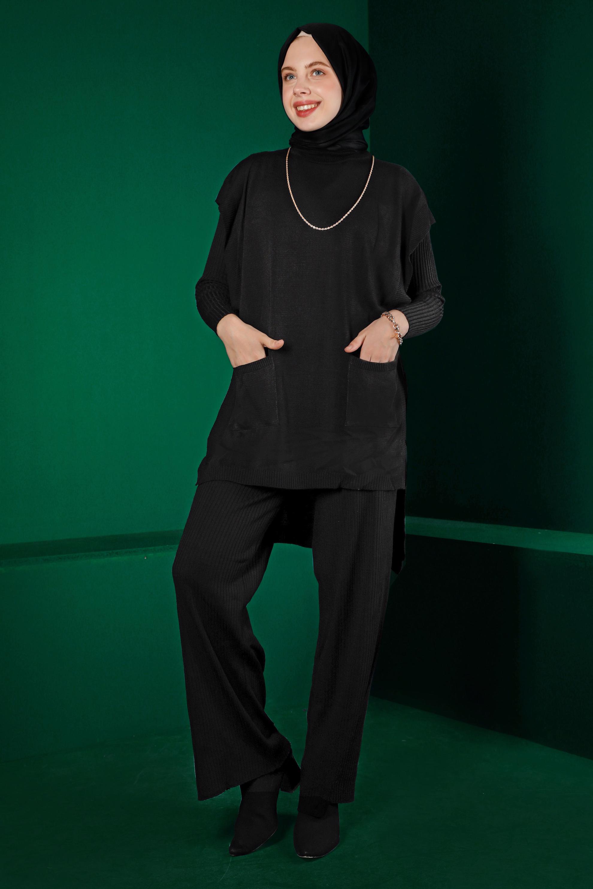 Tesettür giyim SİYAH FİTİLLİ YIRTMAÇLI ÜÇLÜ PANTOLON TRİKO TAKIM 43214