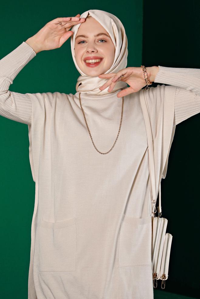 Tesettür giyim  FİTİLLİ YIRTMAÇLI ÜÇLÜ PANTOLON TRİKO TAKIM 43214 - ALVİNA