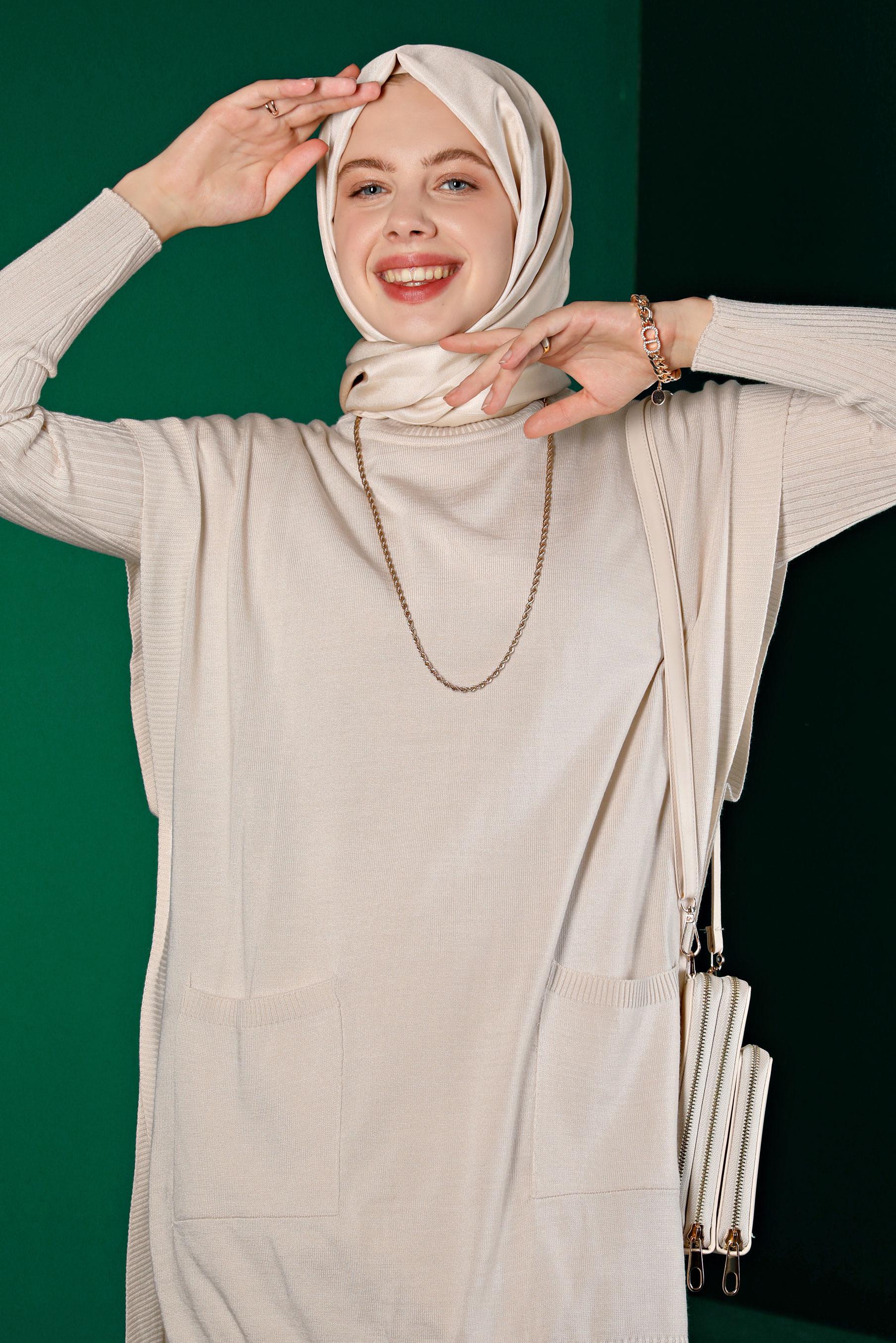 Tesettür giyim BEJ FİTİLLİ YIRTMAÇLI ÜÇLÜ PANTOLON TRİKO TAKIM 43214