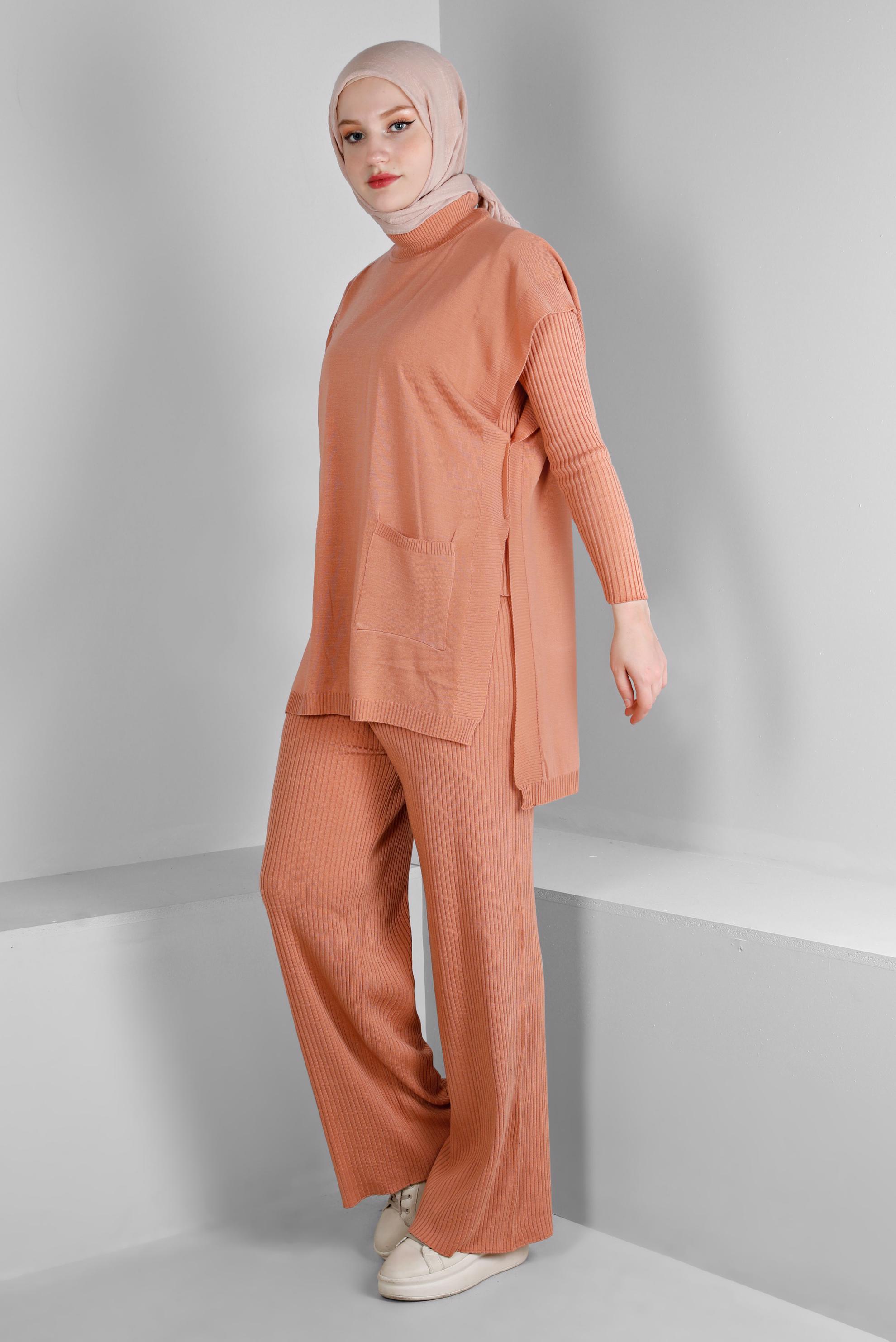 Tesettür giyim PUDRA FİTİLLİ YIRTMAÇLI ÜÇLÜ PANTOLON TRİKO TAKIM 43214