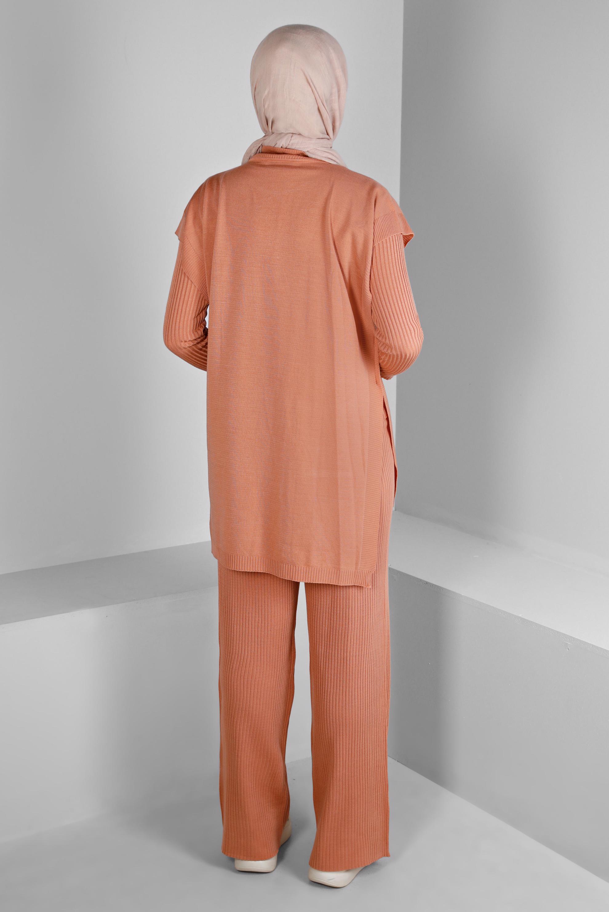 Tesettür giyim PUDRA FİTİLLİ YIRTMAÇLI ÜÇLÜ PANTOLON TRİKO TAKIM 43214