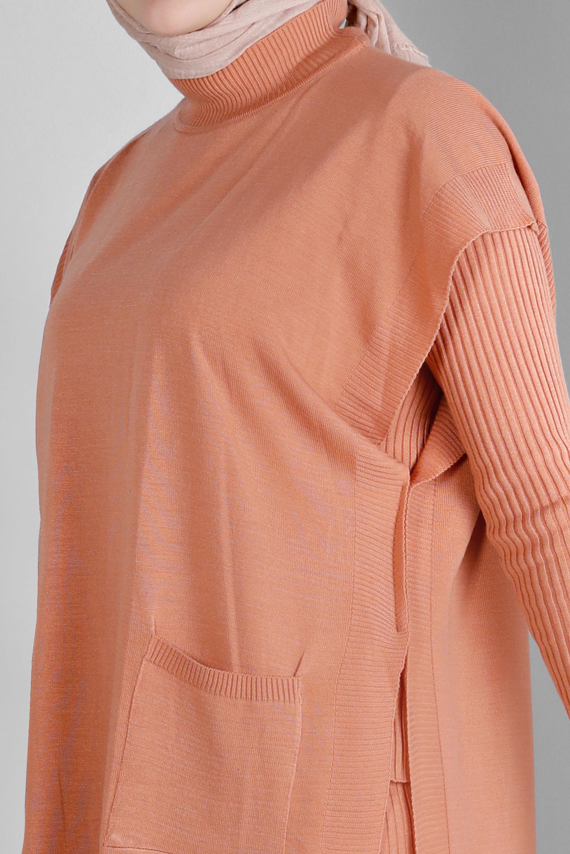 Tesettür giyim PUDRA FİTİLLİ YIRTMAÇLI ÜÇLÜ PANTOLON TRİKO TAKIM 43214