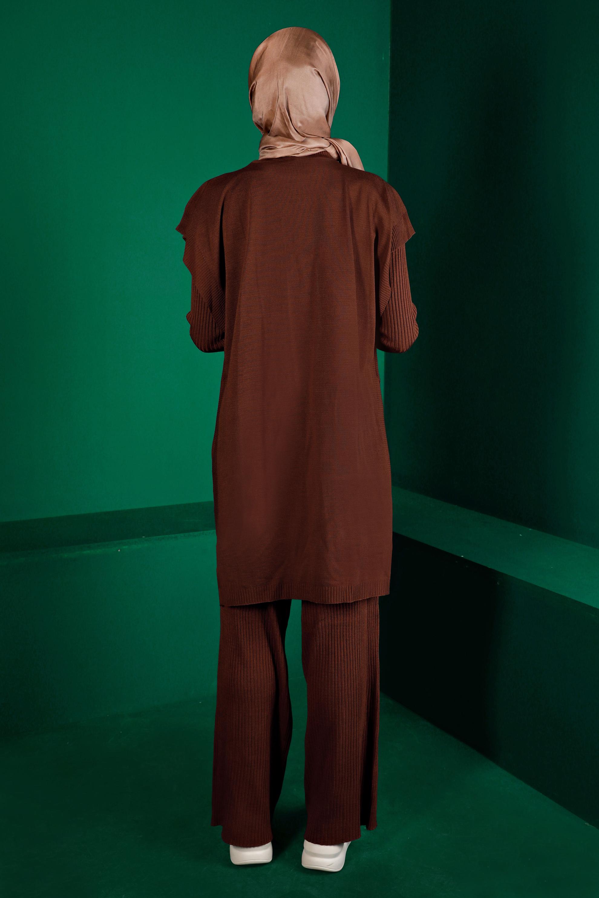 Tesettür giyim KAHVE FİTİLLİ YIRTMAÇLI ÜÇLÜ PANTOLON TRİKO TAKIM 43214