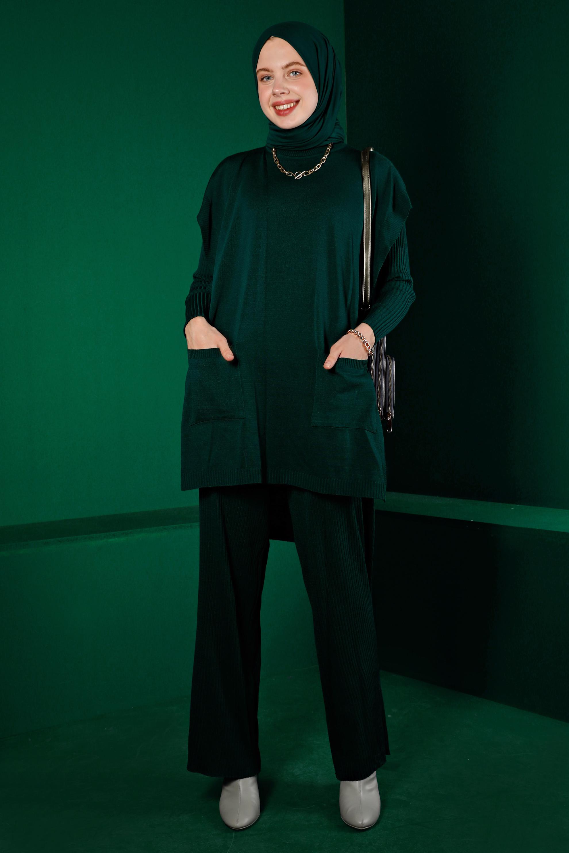 Tesettür giyim YEŞİL FİTİLLİ YIRTMAÇLI ÜÇLÜ PANTOLON TRİKO TAKIM 43214