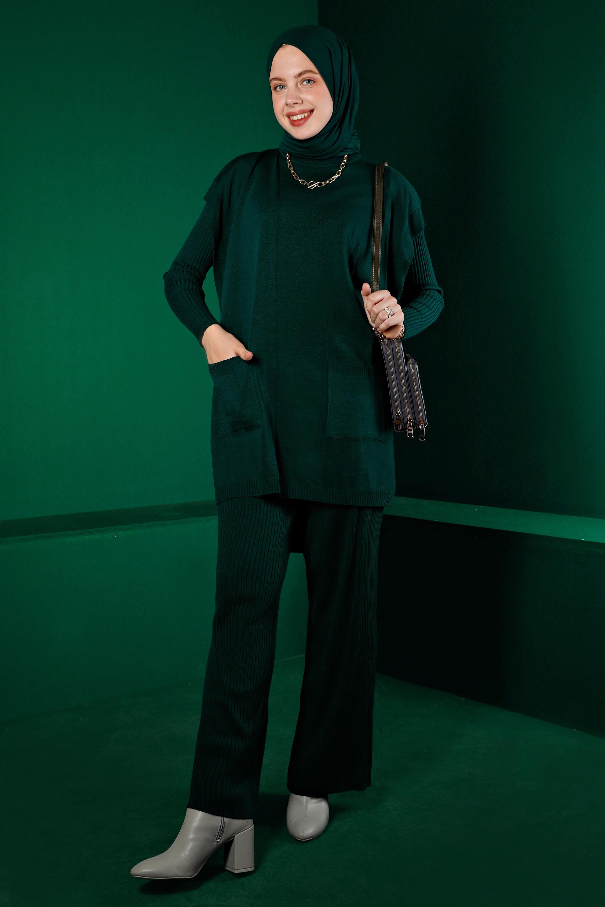 Tesettür giyim YEŞİL FİTİLLİ YIRTMAÇLI ÜÇLÜ PANTOLON TRİKO TAKIM 43214