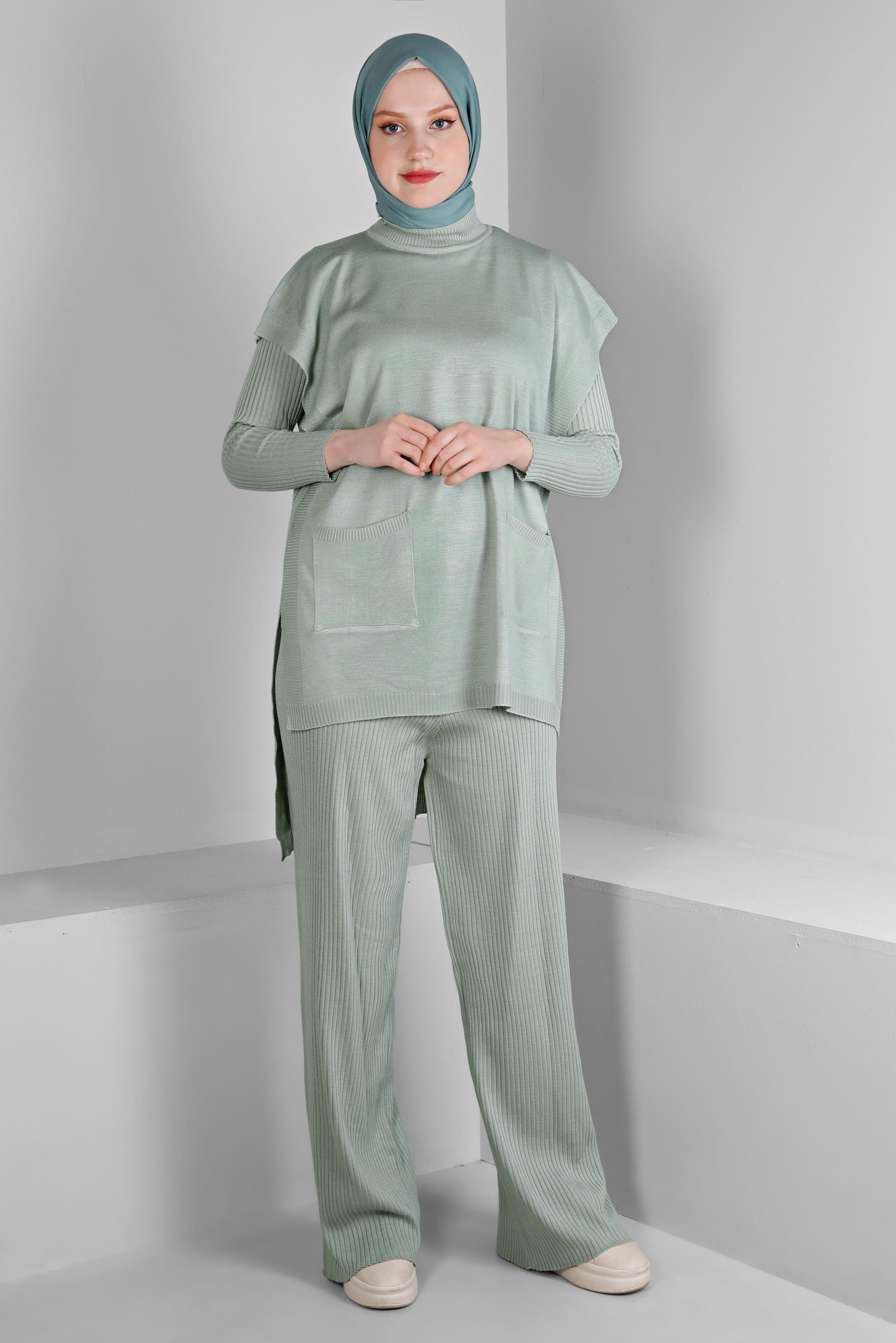 Tesettür giyim YEŞİL FİTİLLİ YIRTMAÇLI ÜÇLÜ PANTOLON TRİKO TAKIM 43214