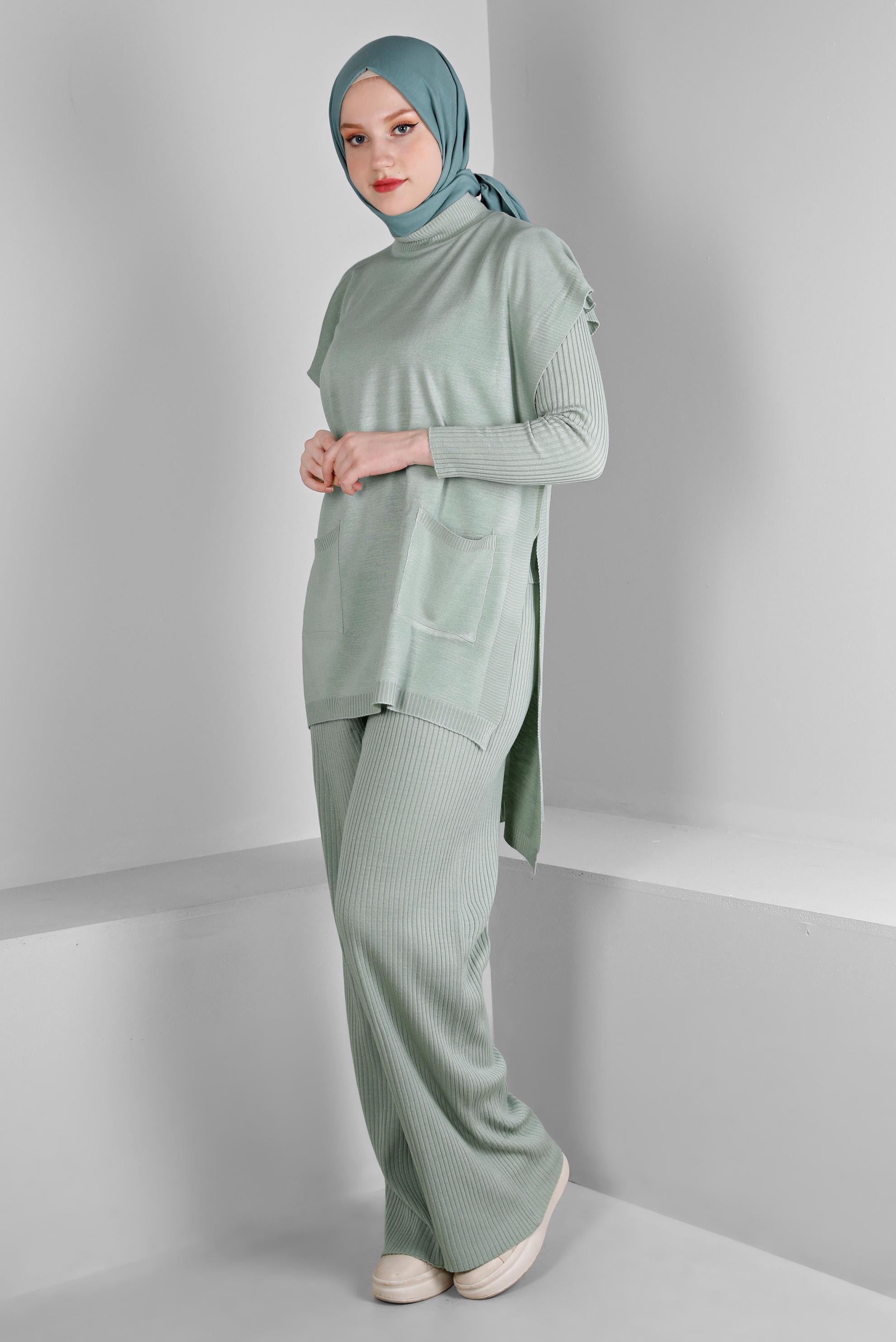 Tesettür giyim YEŞİL FİTİLLİ YIRTMAÇLI ÜÇLÜ PANTOLON TRİKO TAKIM 43214