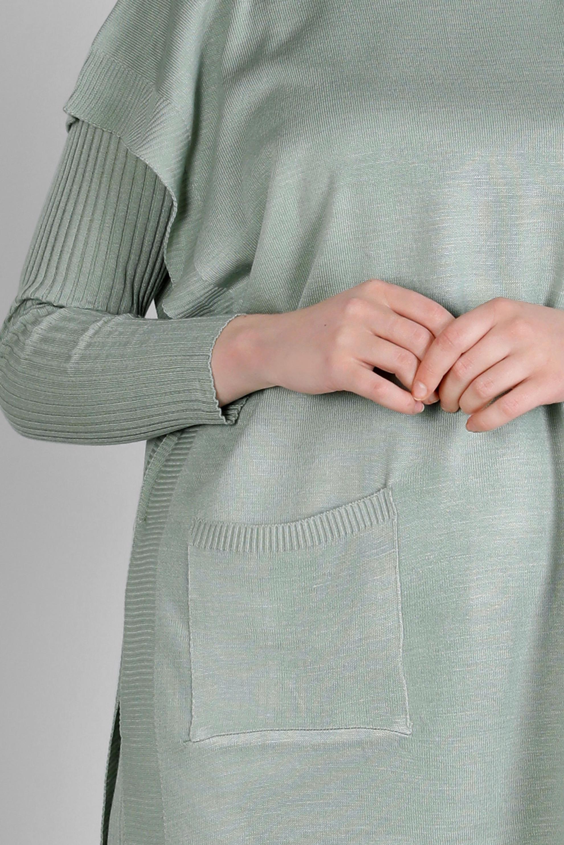 Tesettür giyim YEŞİL FİTİLLİ YIRTMAÇLI ÜÇLÜ PANTOLON TRİKO TAKIM 43214