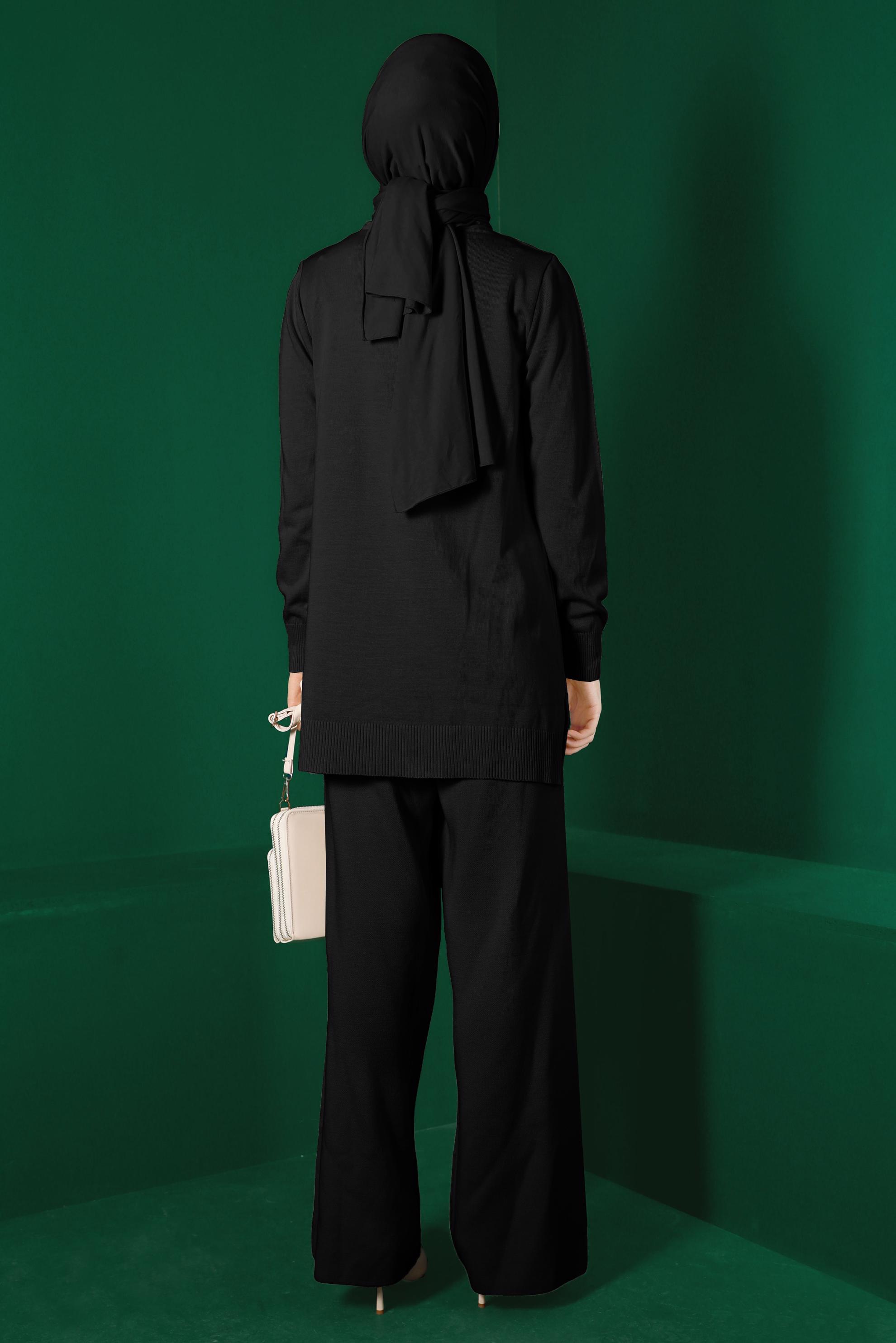 Tesettür giyim SİYAH ÖRGÜ DETAYLI İKİLİ PANT. TRİKO TAKIM 43215