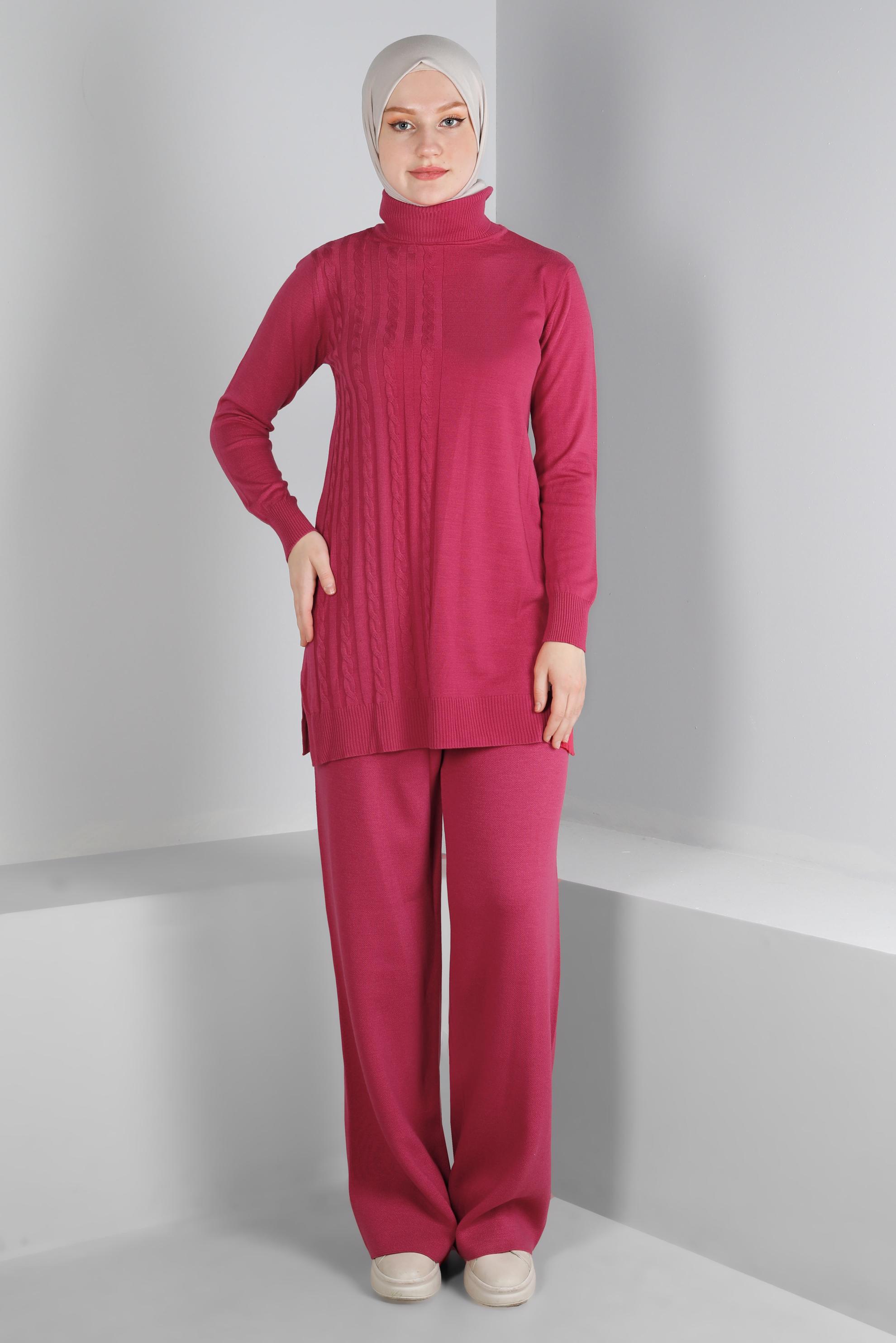 Tesettür giyim FUŞYA ÖRGÜ DETAYLI İKİLİ PANT. TRİKO TAKIM 43215