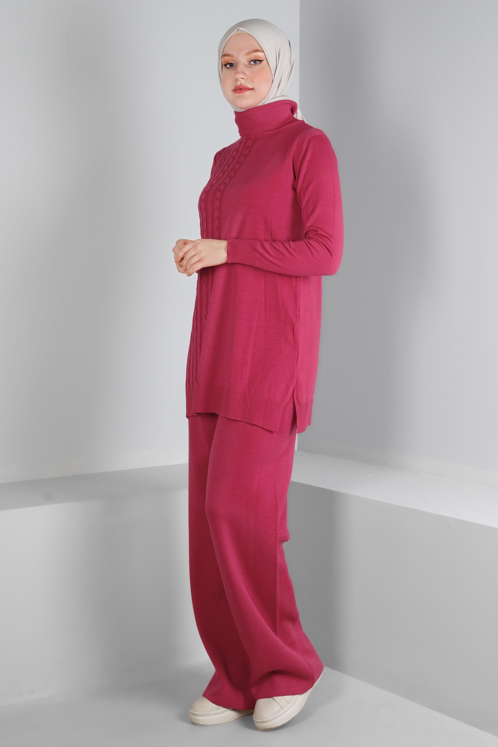 Tesettür giyim FUŞYA ÖRGÜ DETAYLI İKİLİ PANT. TRİKO TAKIM 43215