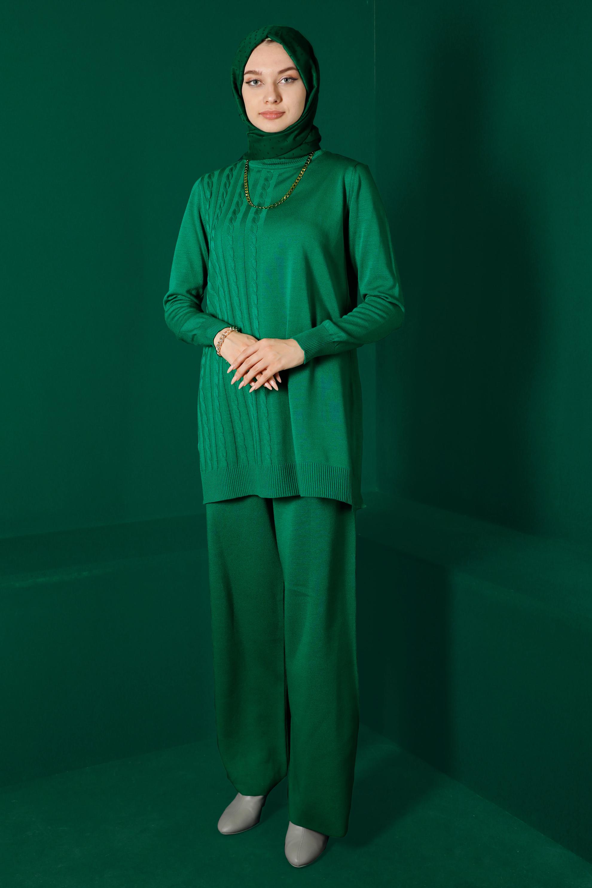 Tesettür giyim YEŞİL ÖRGÜ DETAYLI İKİLİ PANT. TRİKO TAKIM 43215