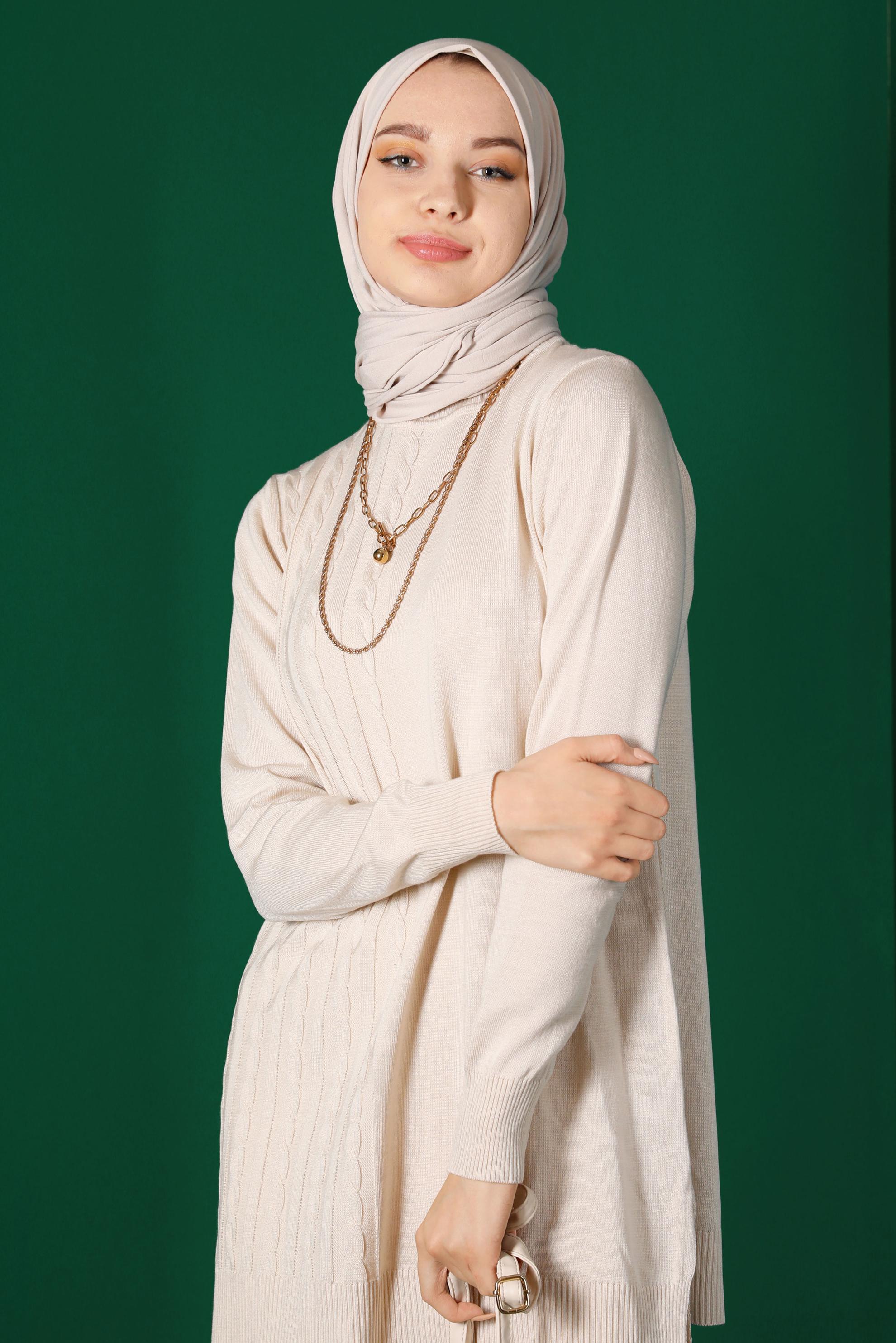 Tesettür giyim BEJ ÖRGÜ DETAYLI İKİLİ PANT. TRİKO TAKIM 43215