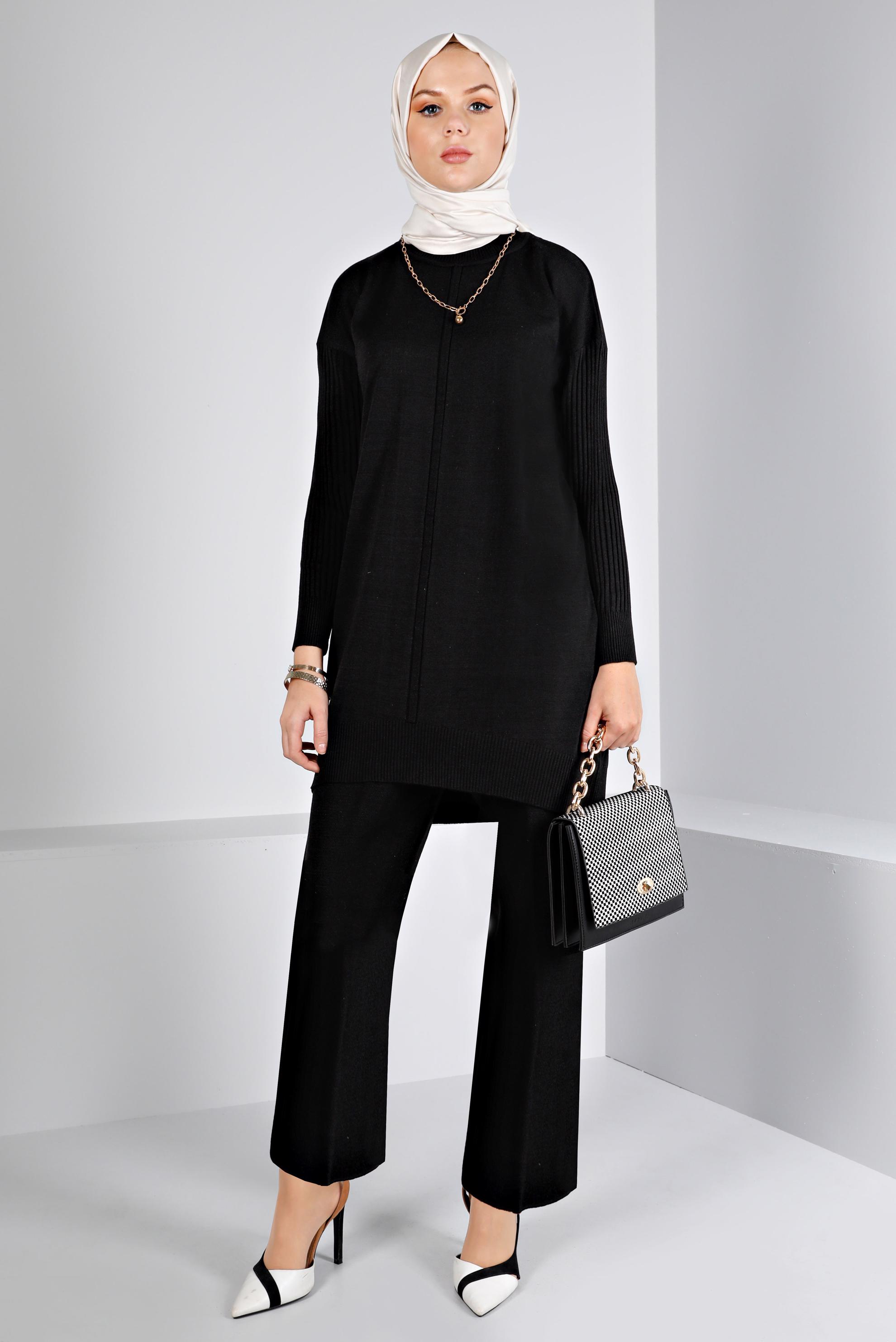 Tesettür giyim SİYAH BALIKÇI YAKA BASIC İKİLİ PANT. TRİKO TAKIM 43216