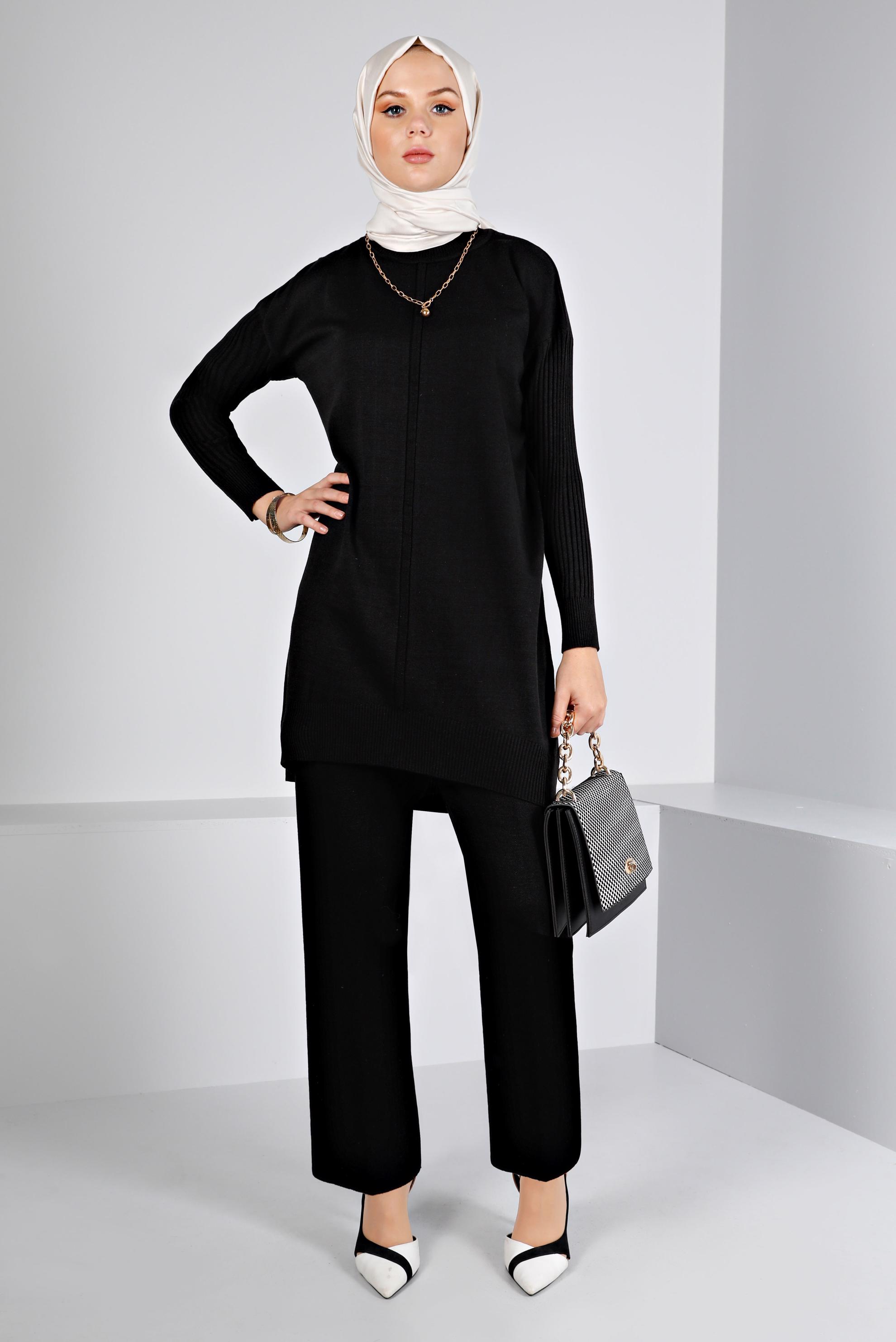 Tesettür giyim SİYAH BALIKÇI YAKA BASIC İKİLİ PANT. TRİKO TAKIM 43216