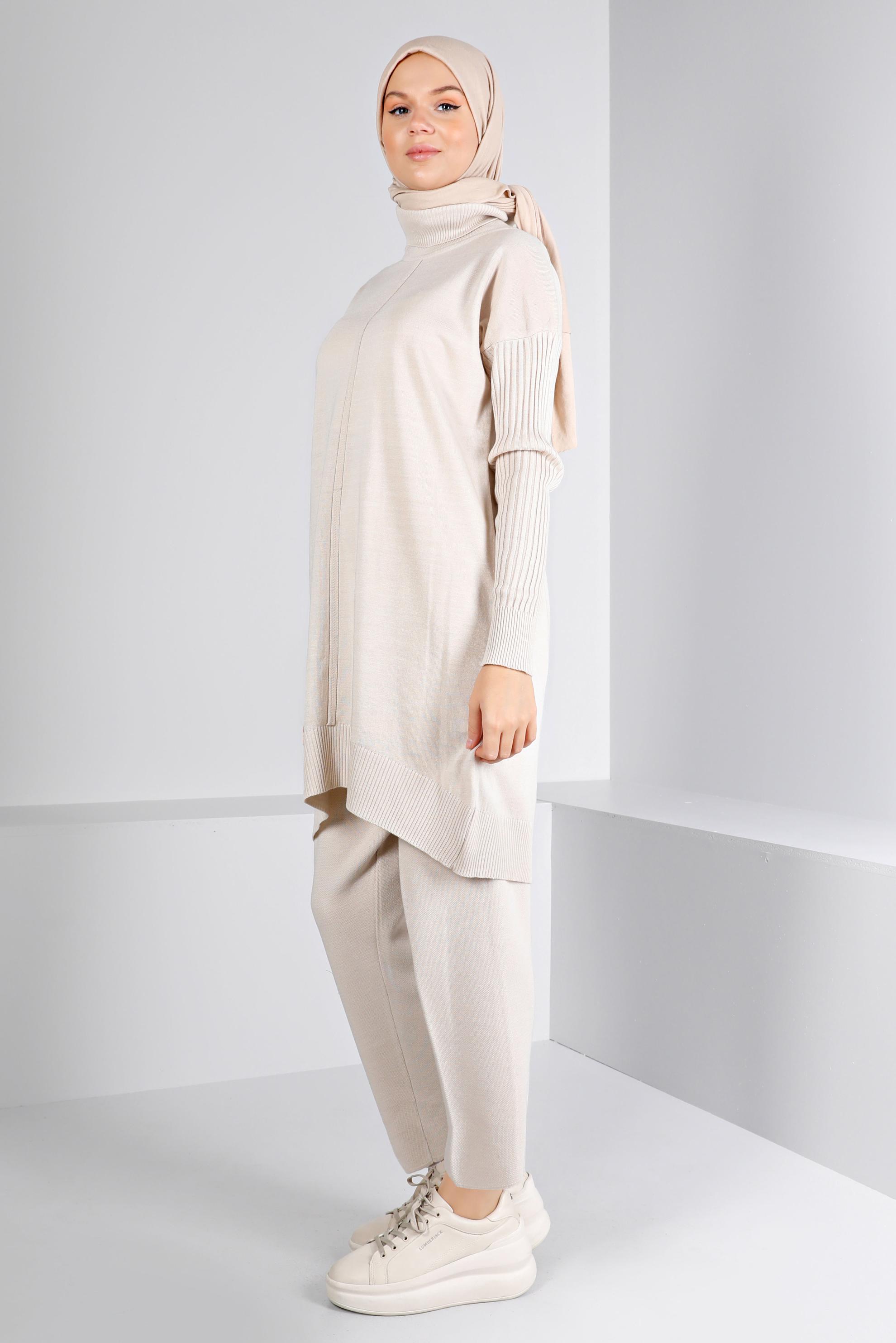 Tesettür giyim BEJ BALIKÇI YAKA BASIC İKİLİ PANT. TRİKO TAKIM 43216