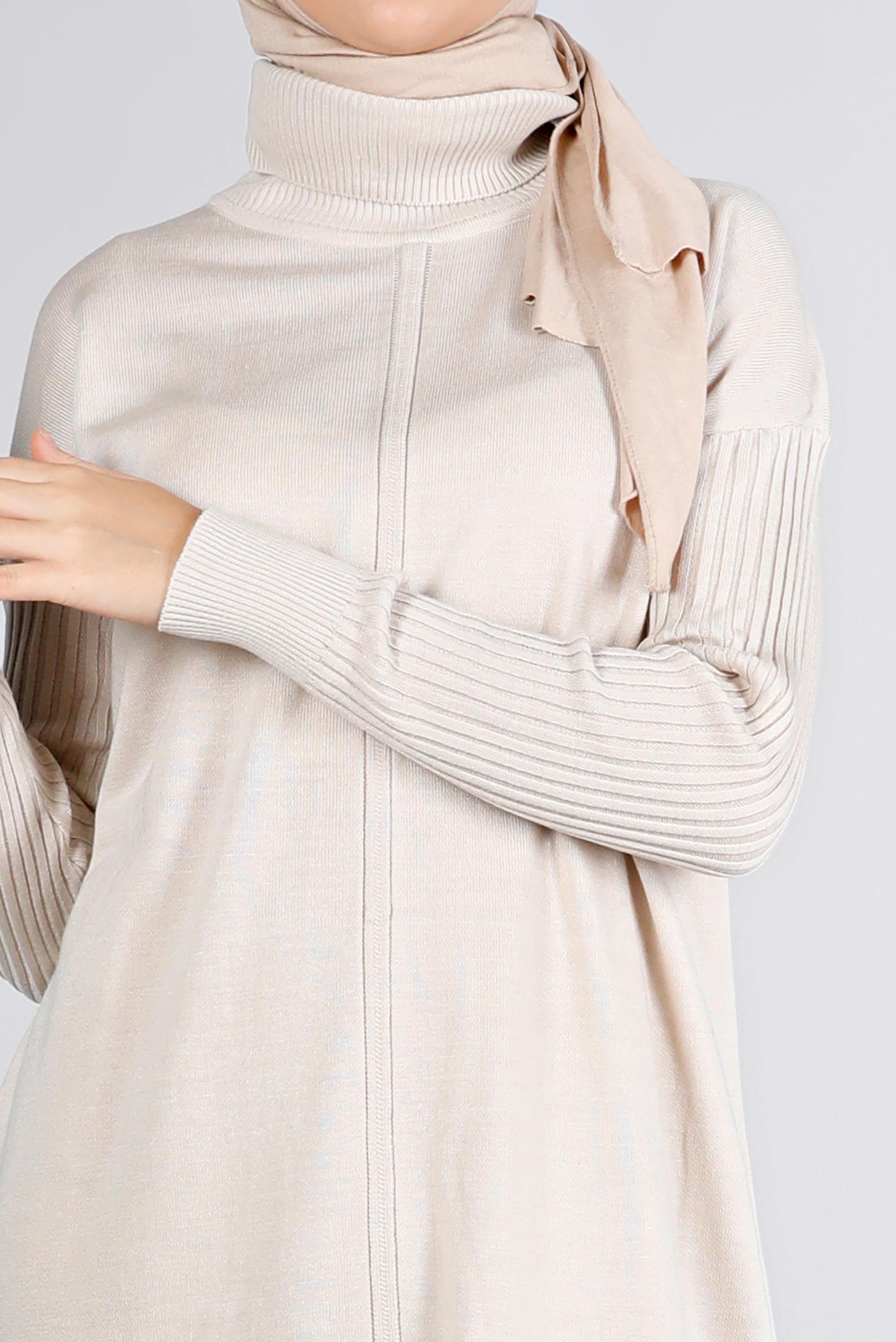 Tesettür giyim BEJ BALIKÇI YAKA BASIC İKİLİ PANT. TRİKO TAKIM 43216