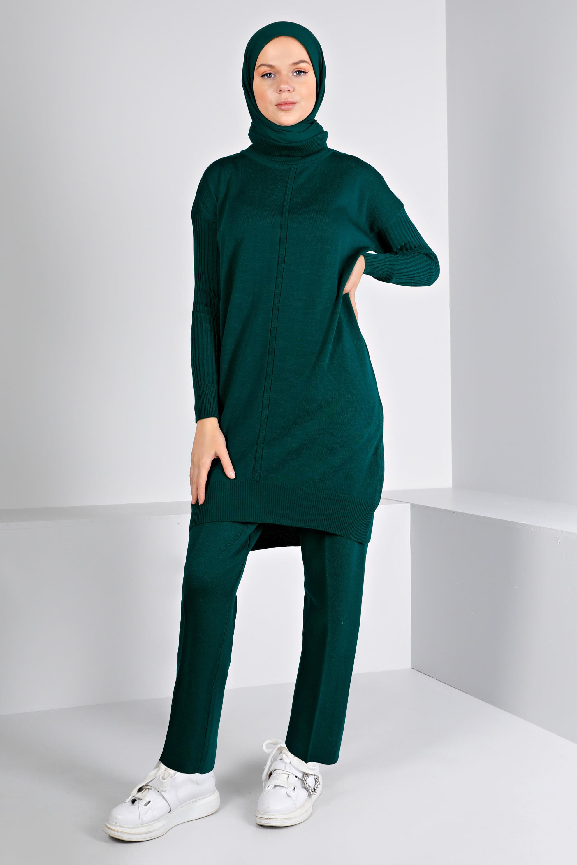 Tesettür giyim YEŞİL BALIKÇI YAKA BASIC İKİLİ PANT. TRİKO TAKIM 43216