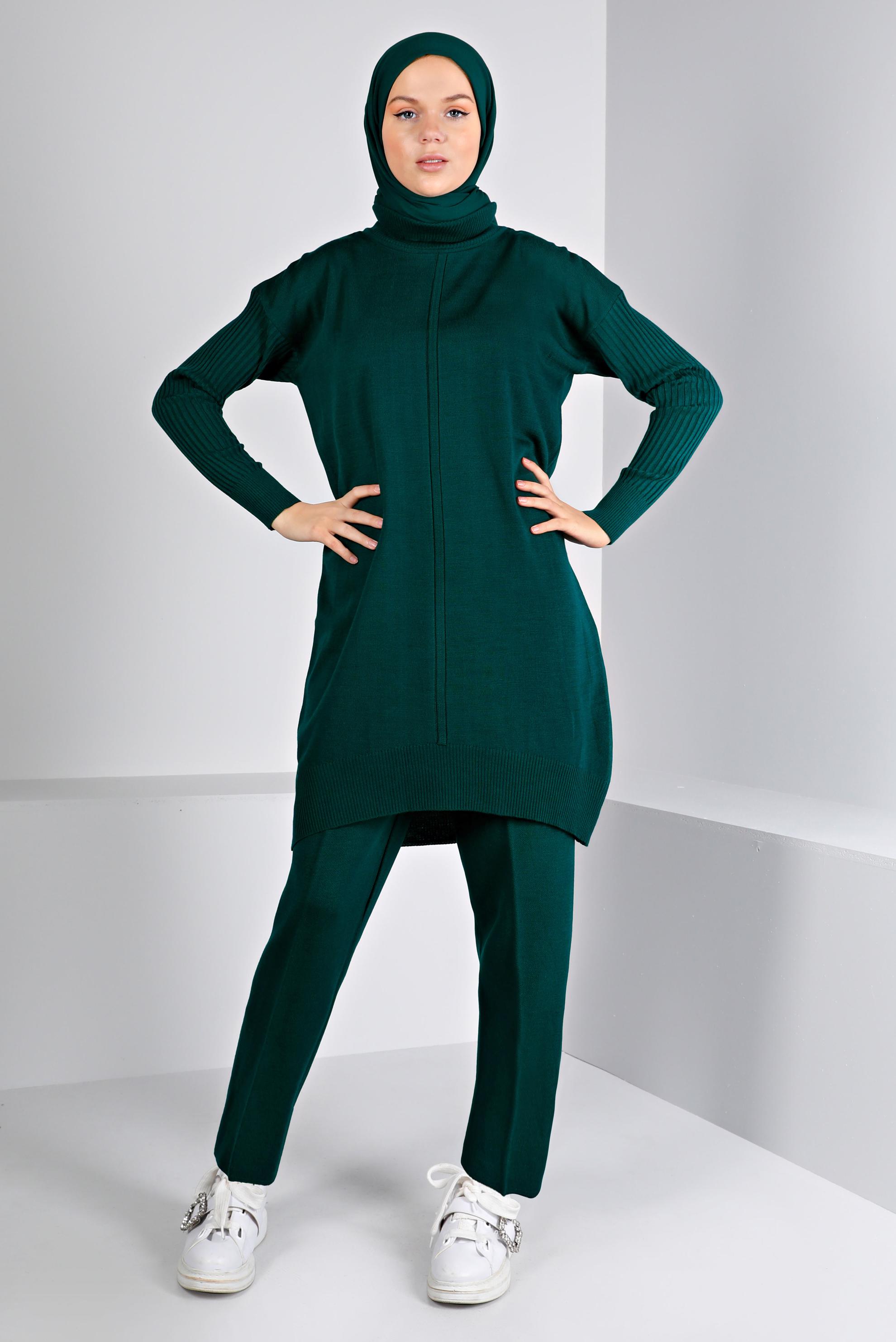 Tesettür giyim YEŞİL BALIKÇI YAKA BASIC İKİLİ PANT. TRİKO TAKIM 43216