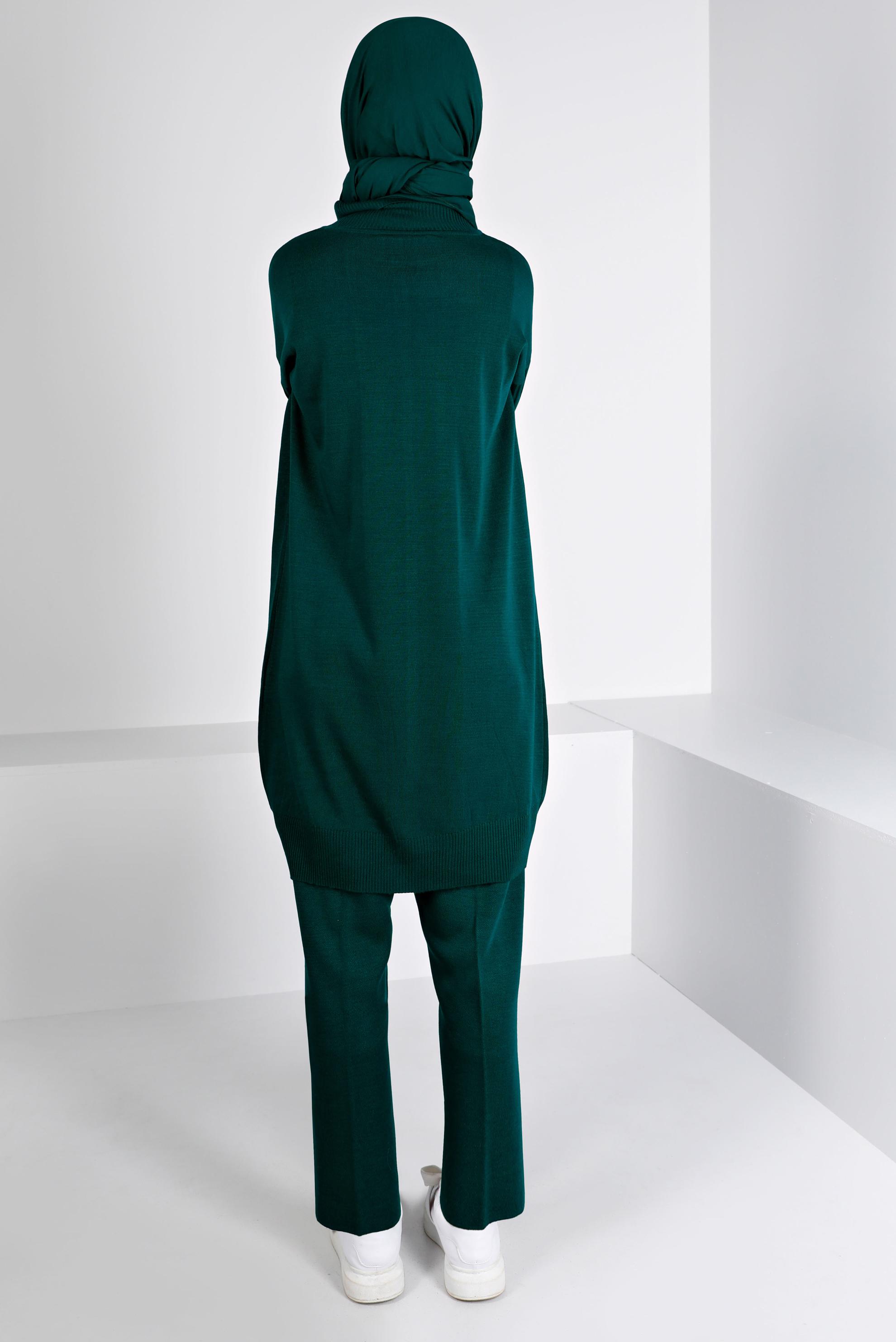 Tesettür giyim YEŞİL BALIKÇI YAKA BASIC İKİLİ PANT. TRİKO TAKIM 43216