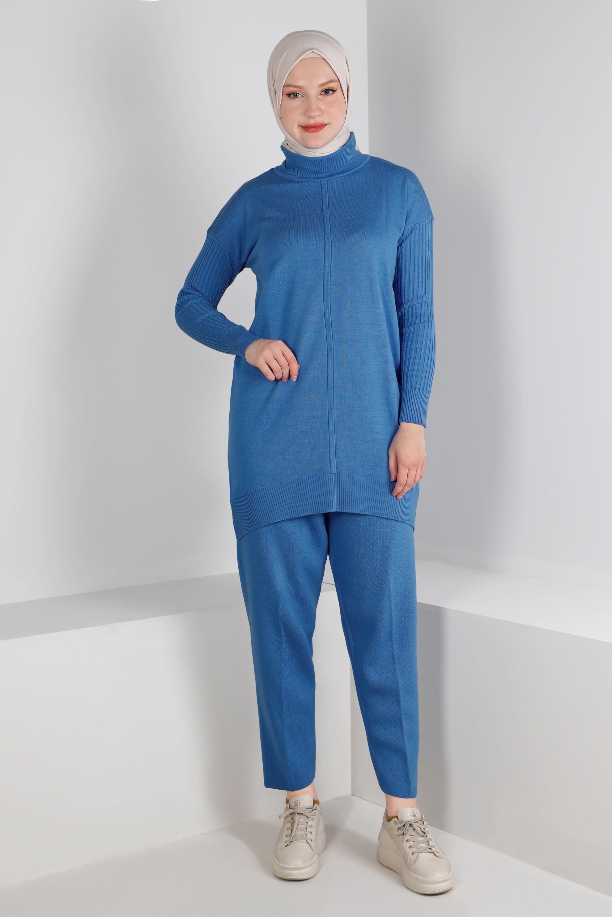 Tesettür giyim MAVİ BALIKÇI YAKA BASIC İKİLİ PANT. TRİKO TAKIM 43216