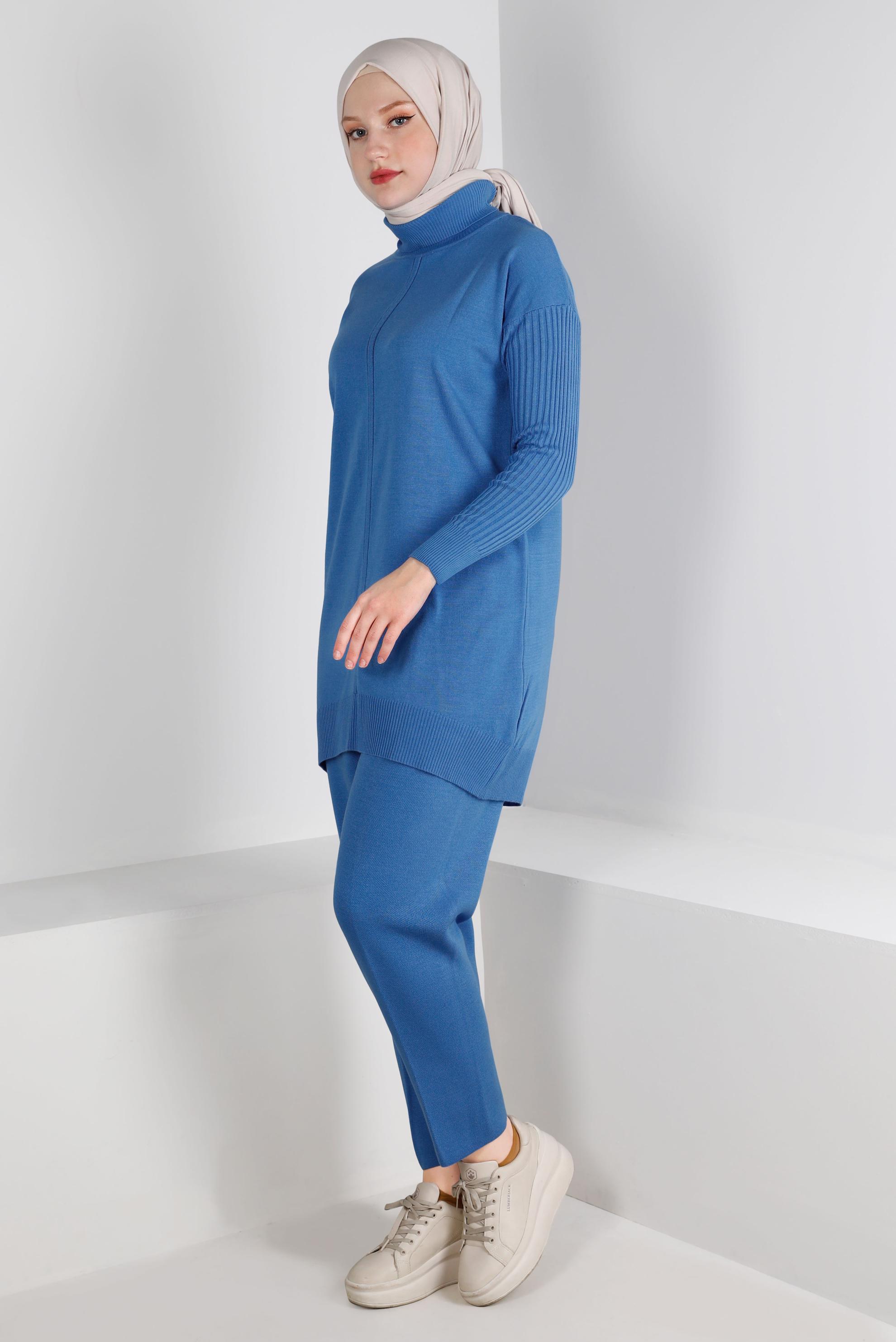 Tesettür giyim MAVİ BALIKÇI YAKA BASIC İKİLİ PANT. TRİKO TAKIM 43216