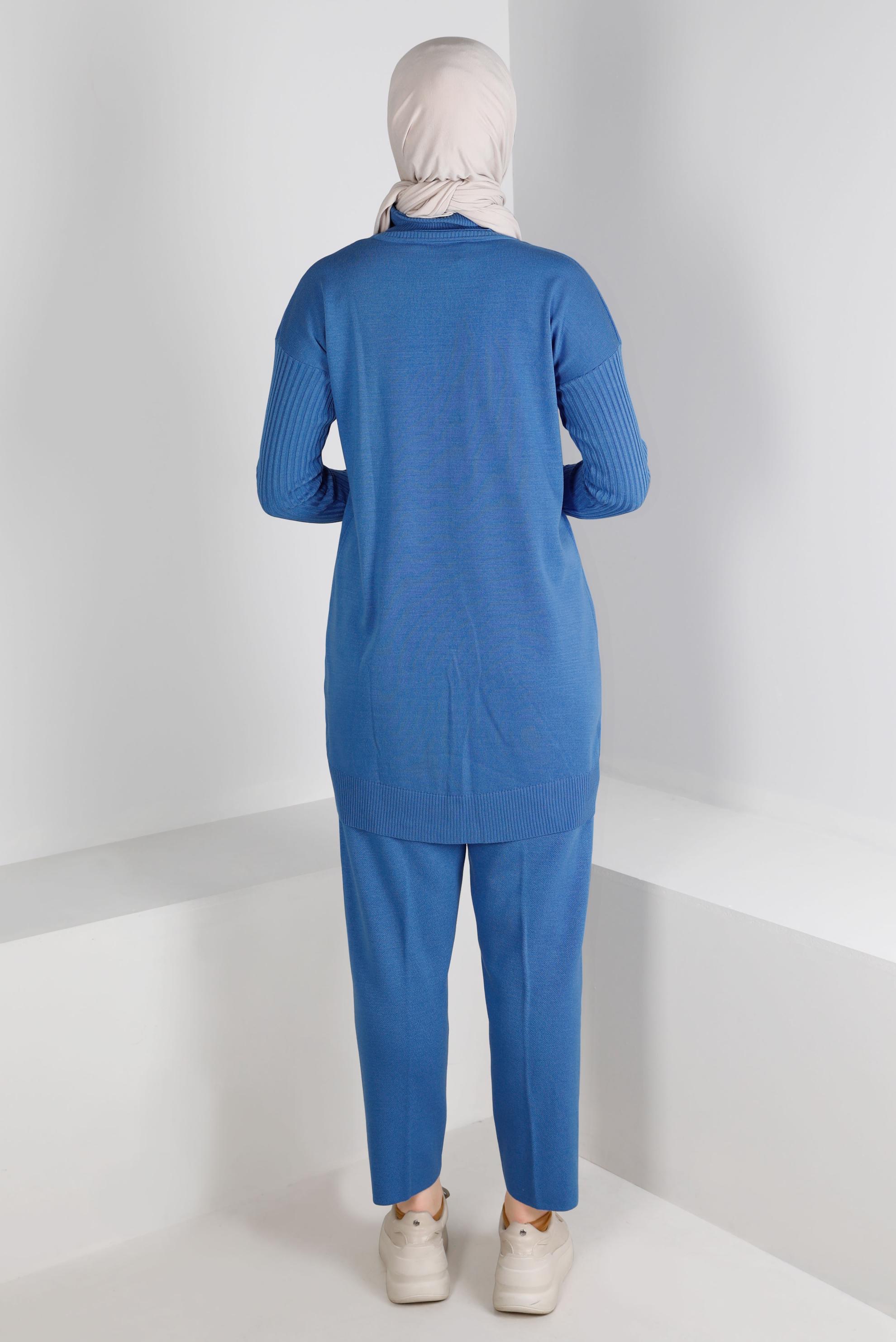 Tesettür giyim MAVİ BALIKÇI YAKA BASIC İKİLİ PANT. TRİKO TAKIM 43216