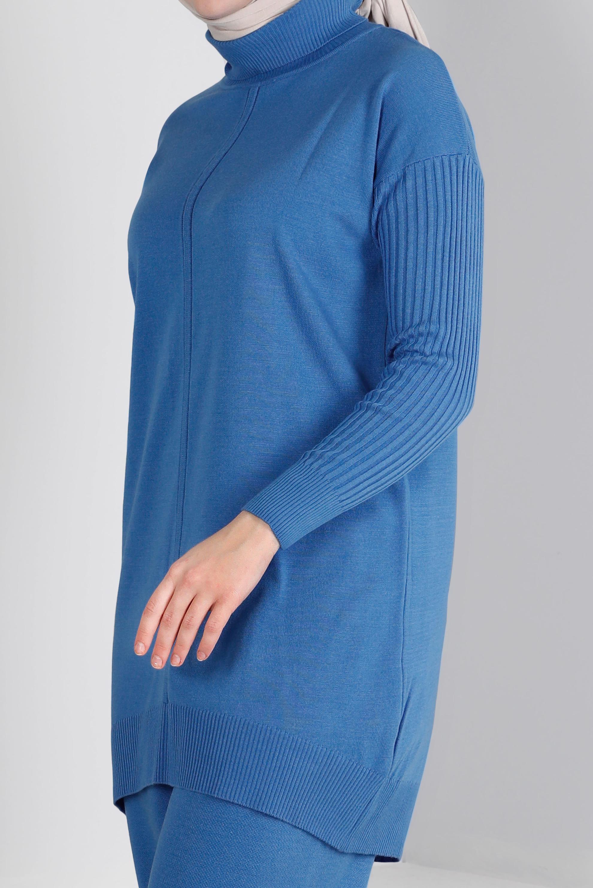 Tesettür giyim MAVİ BALIKÇI YAKA BASIC İKİLİ PANT. TRİKO TAKIM 43216