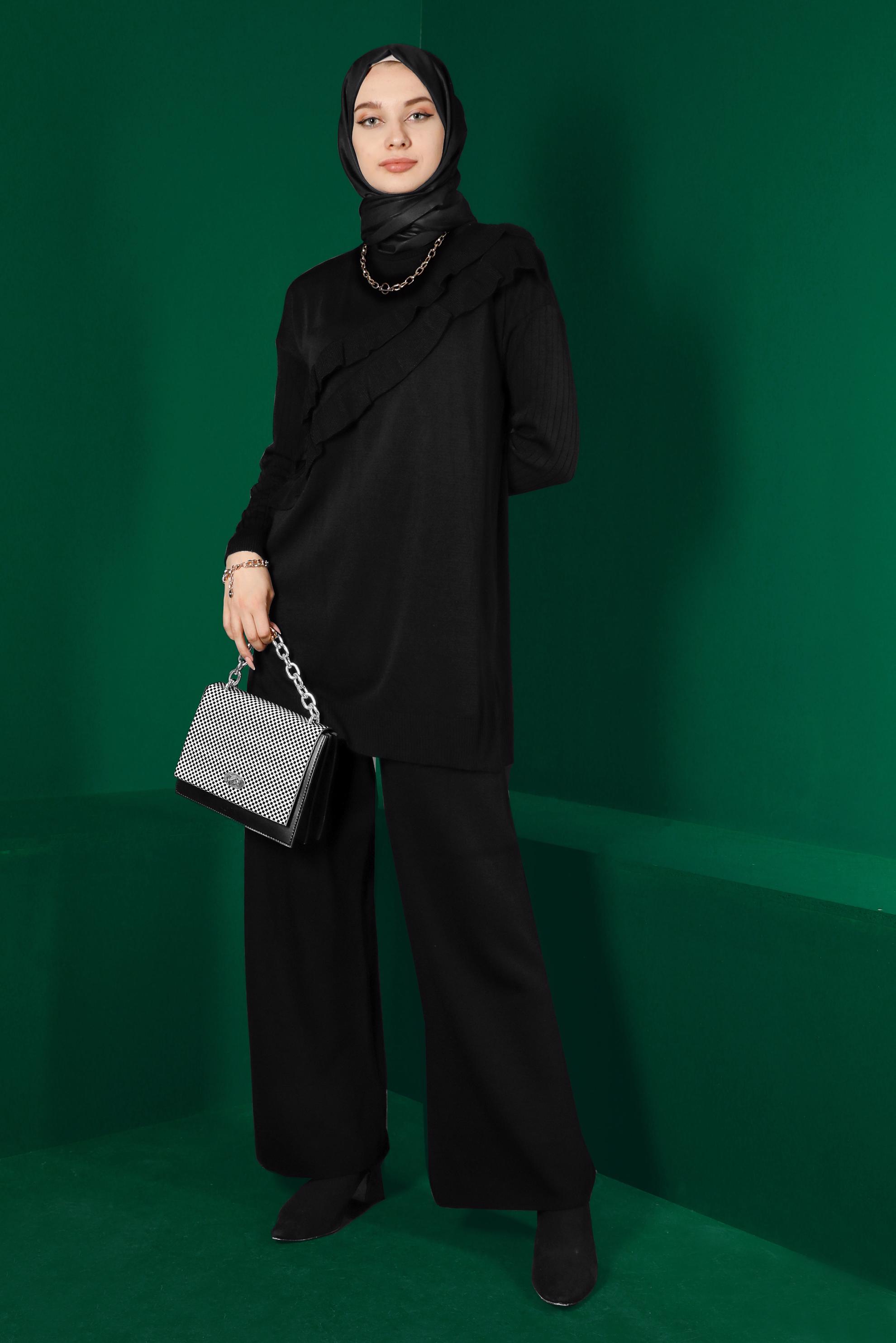 Tesettür giyim SİYAH FIRFIRLI İKİLİ TRİKO PANT. TAKIM 43217