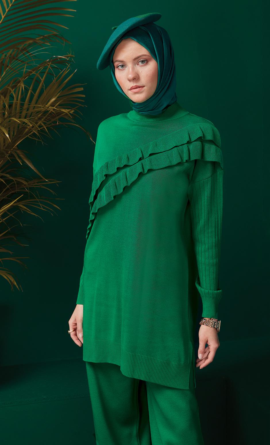 Vêtements hijab VERT ENSEMBLE PANTALON EN MAILLE À VOLANTS 43217