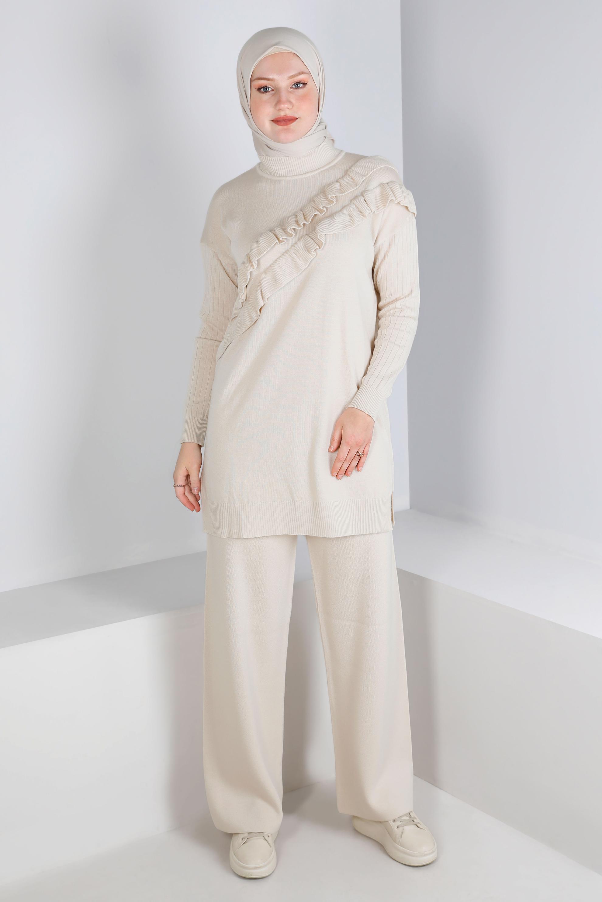 Tesettür giyim BEJ FIRFIRLI İKİLİ TRİKO PANT. TAKIM 43217