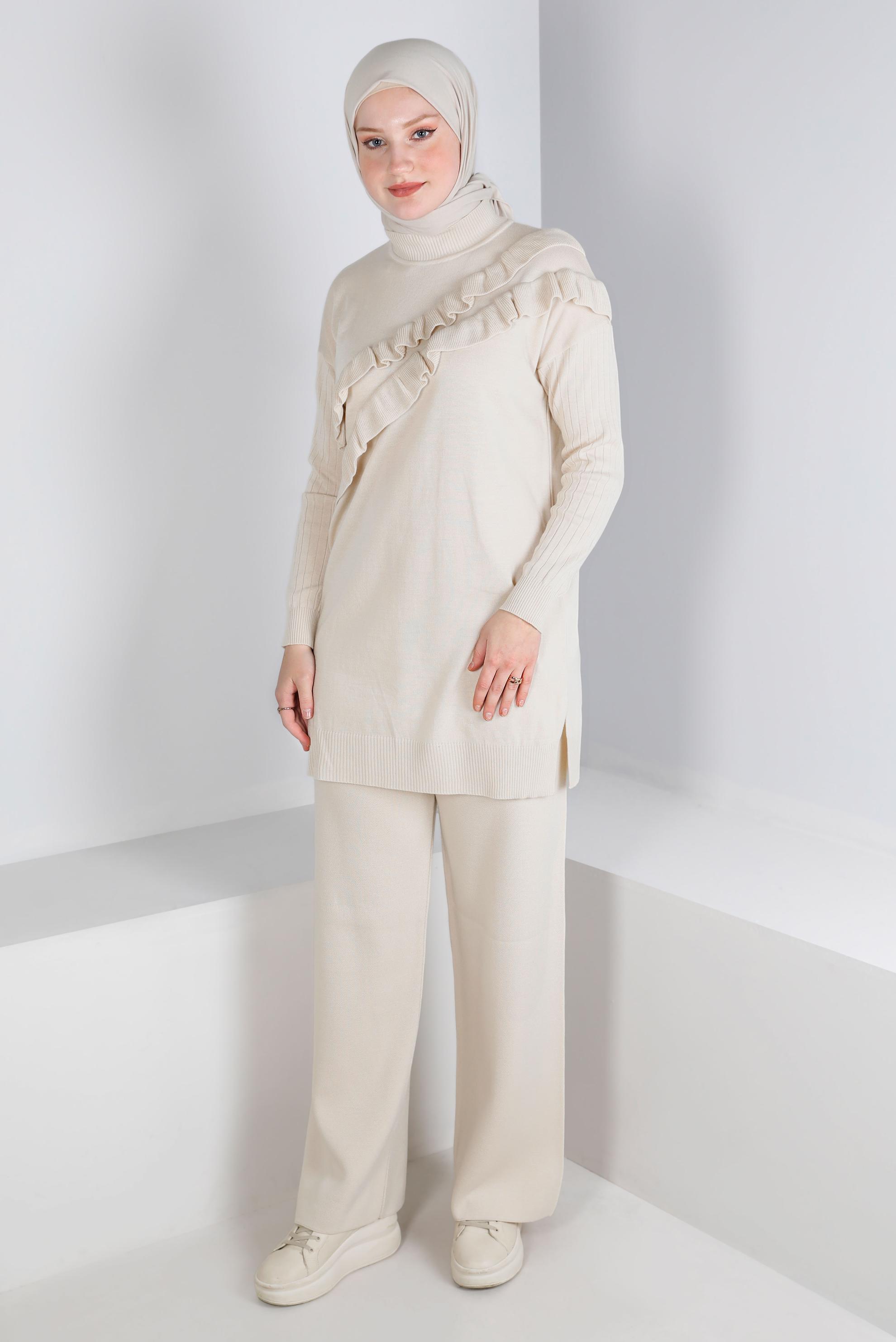 Tesettür giyim BEJ FIRFIRLI İKİLİ TRİKO PANT. TAKIM 43217