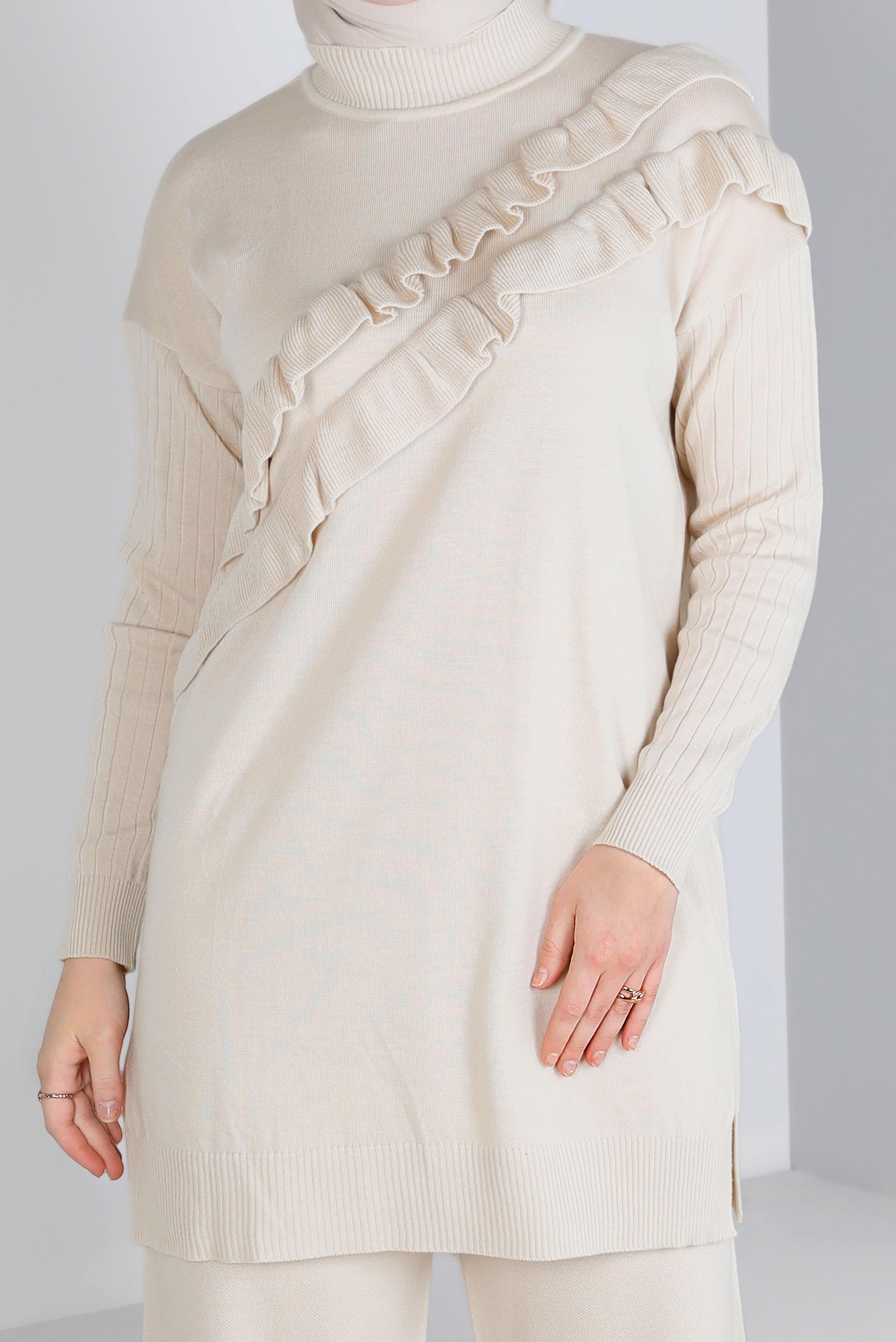 Tesettür giyim BEJ FIRFIRLI İKİLİ TRİKO PANT. TAKIM 43217