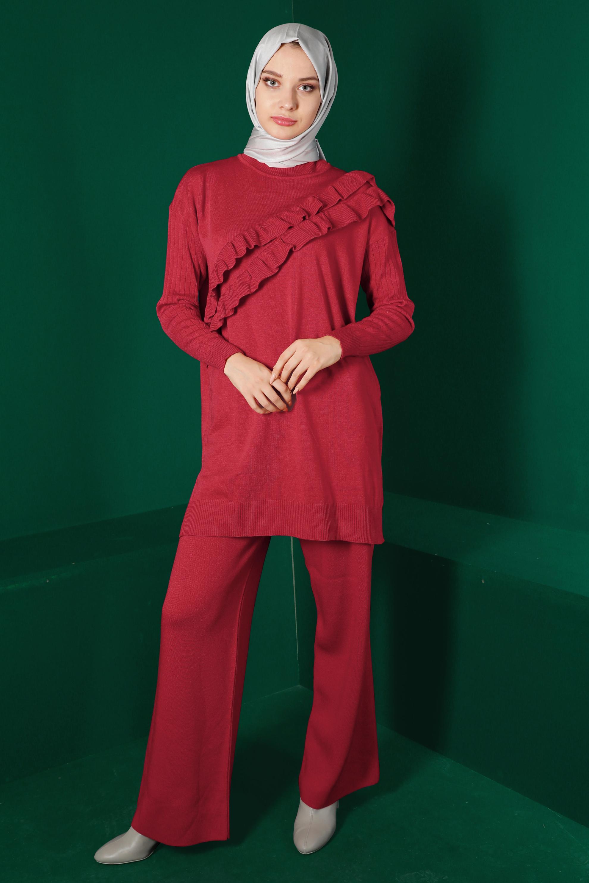 Tesettür giyim MERCAN FIRFIRLI İKİLİ TRİKO PANT. TAKIM 43217