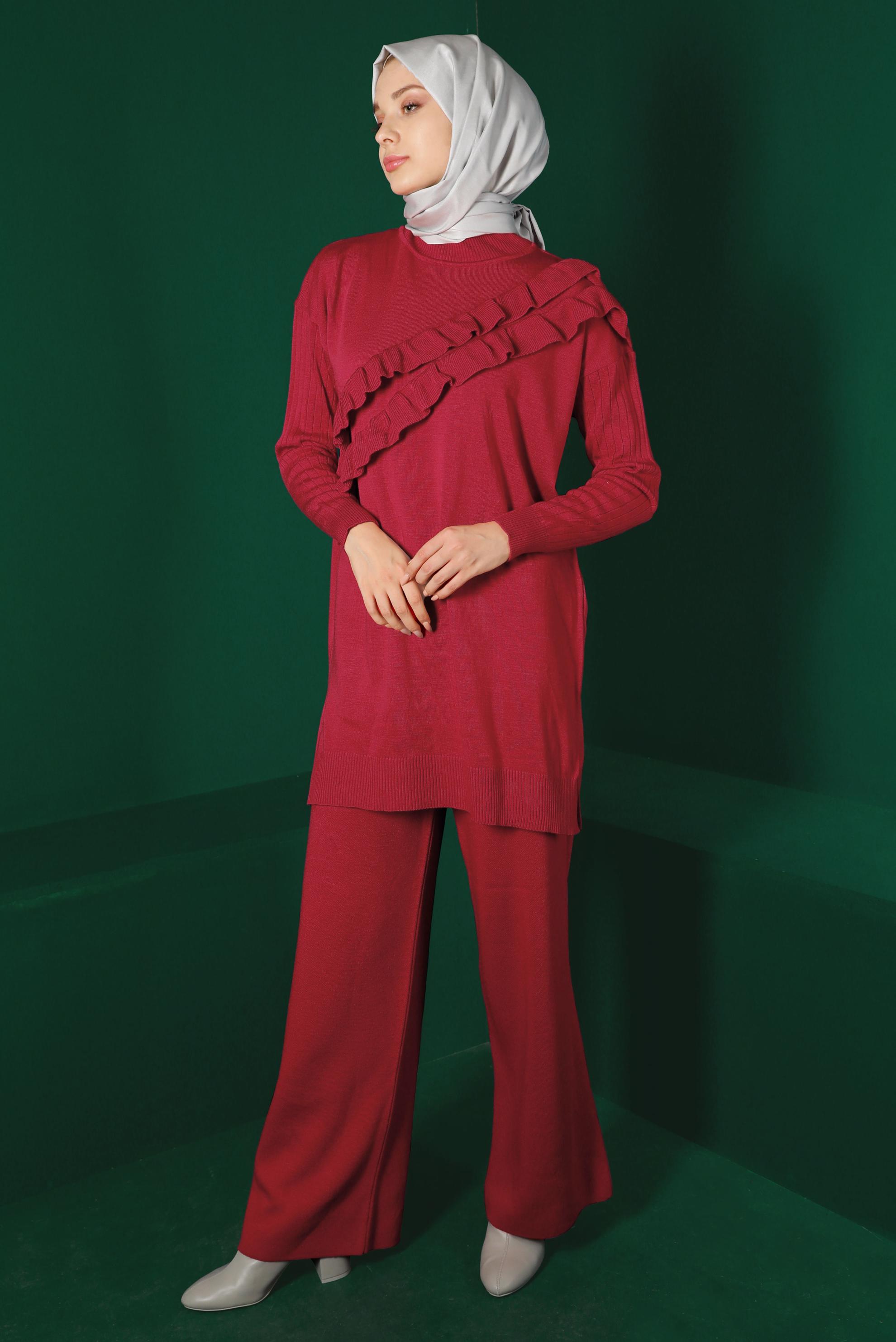 Tesettür giyim MERCAN FIRFIRLI İKİLİ TRİKO PANT. TAKIM 43217