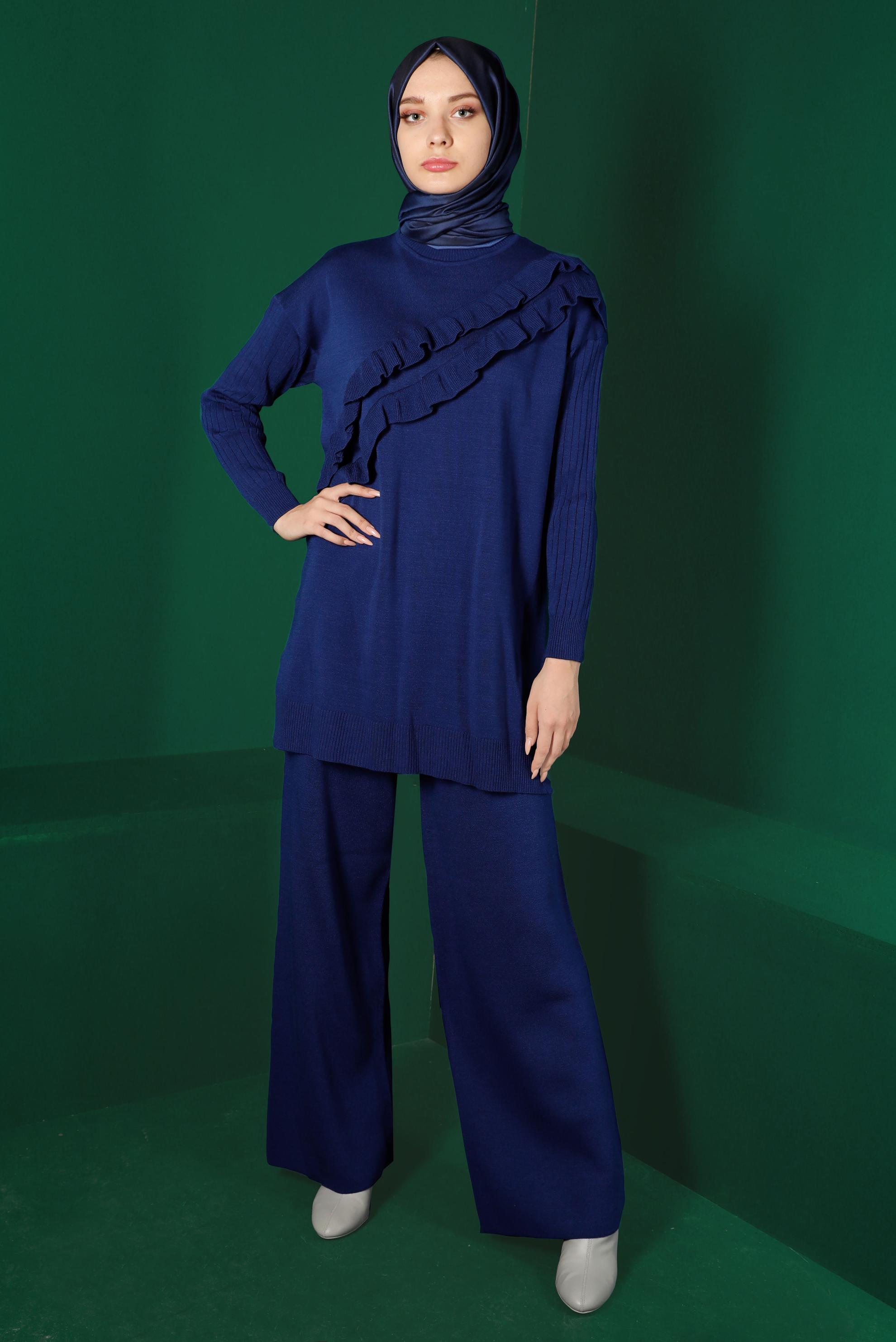 Tesettür giyim MAVİ FIRFIRLI İKİLİ TRİKO PANT. TAKIM 43217