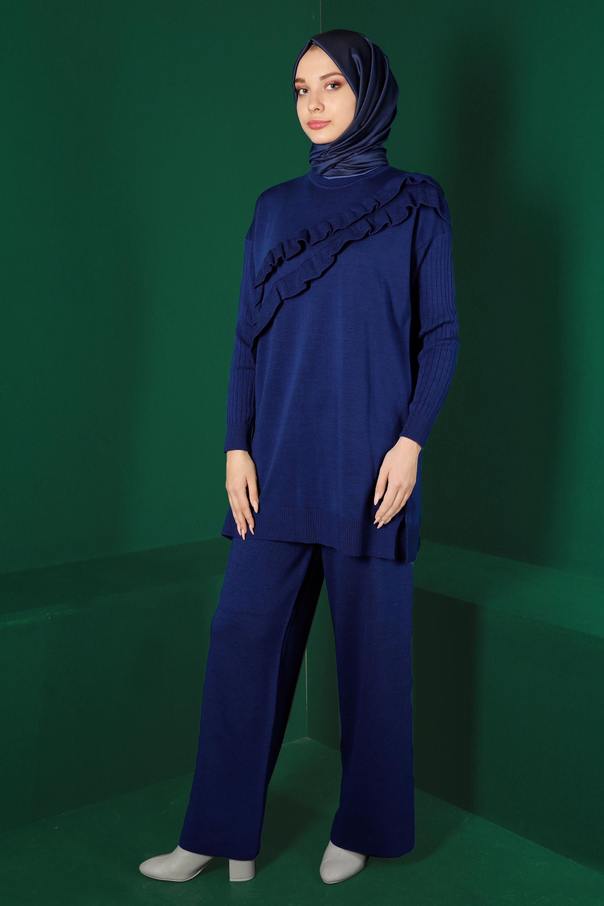 Tesettür giyim MAVİ FIRFIRLI İKİLİ TRİKO PANT. TAKIM 43217