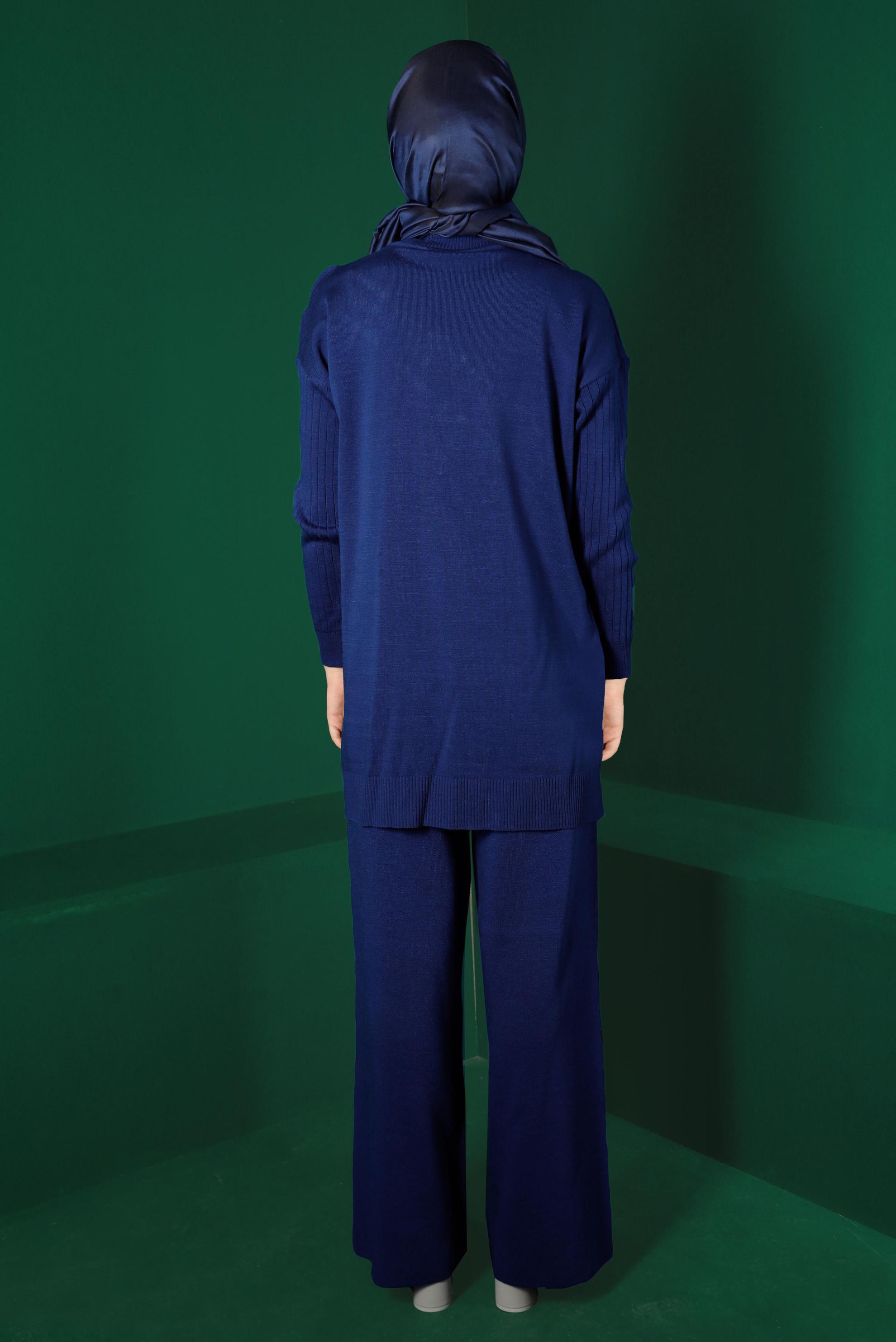 Tesettür giyim MAVİ FIRFIRLI İKİLİ TRİKO PANT. TAKIM 43217