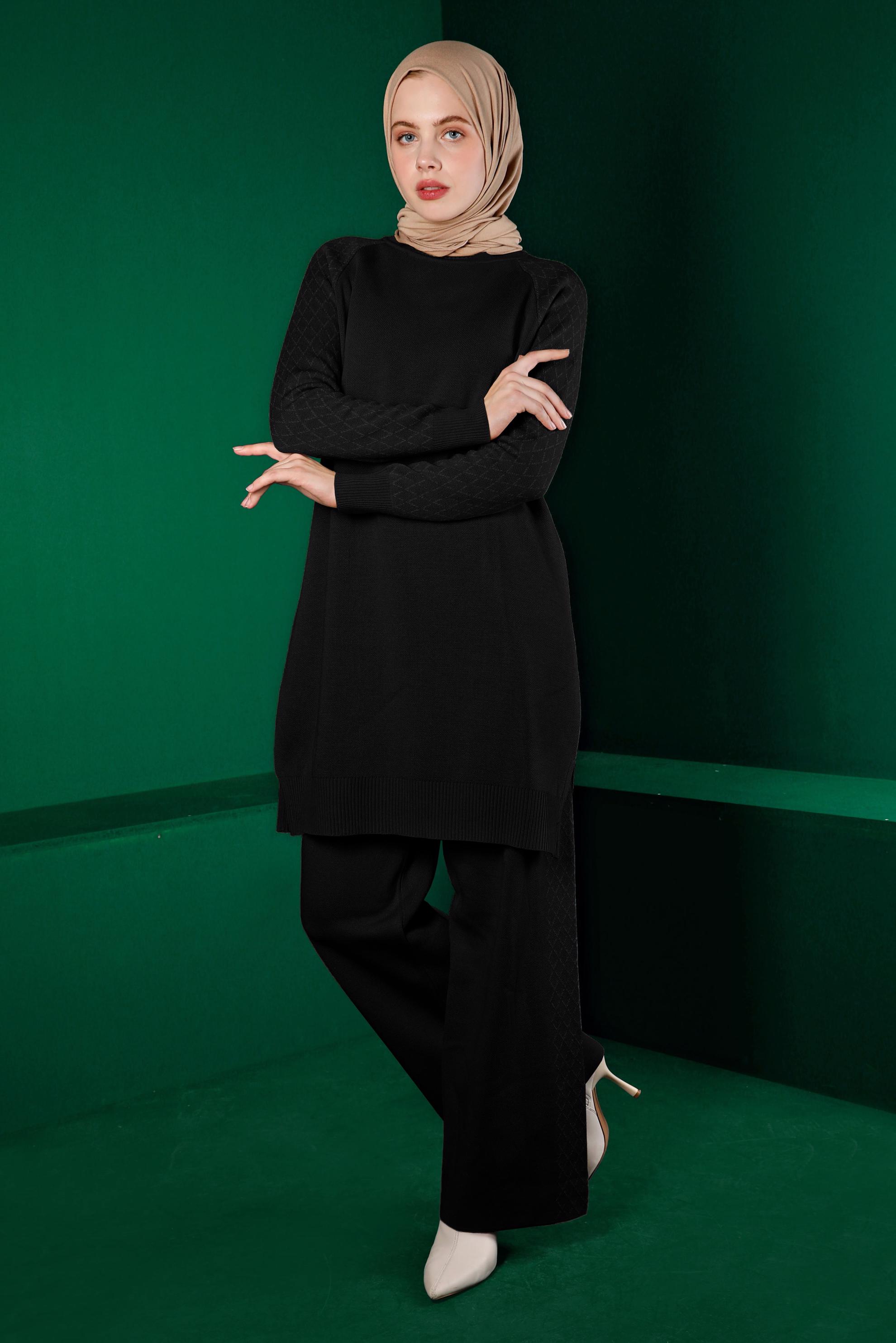 Tesettür giyim SİYAH DESENLİ İKİLİ TRİKO PANT. TAKIM 43218 