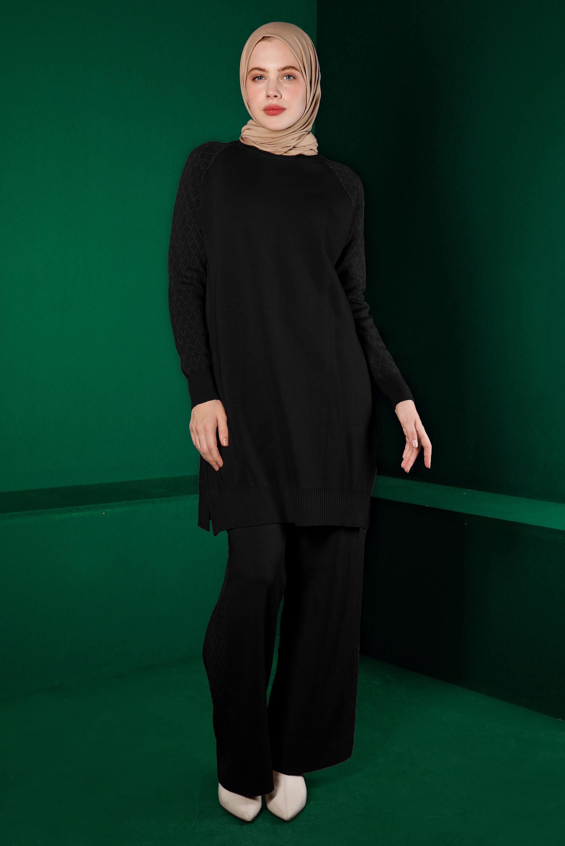 Tesettür giyim SİYAH DESENLİ İKİLİ TRİKO PANT. TAKIM 43218 