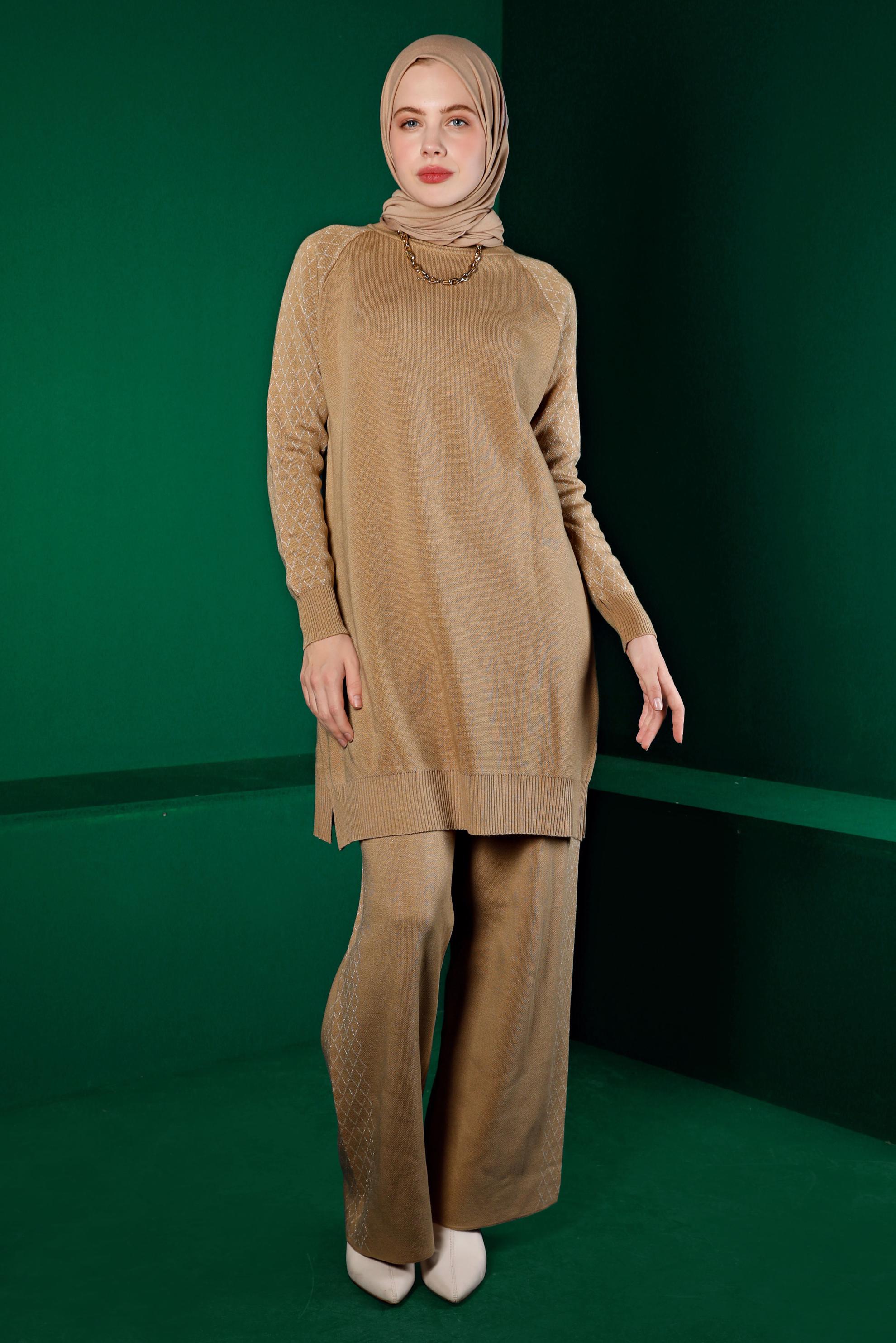 Tesettür giyim KAHVE DESENLİ İKİLİ TRİKO PANT. TAKIM 43218 