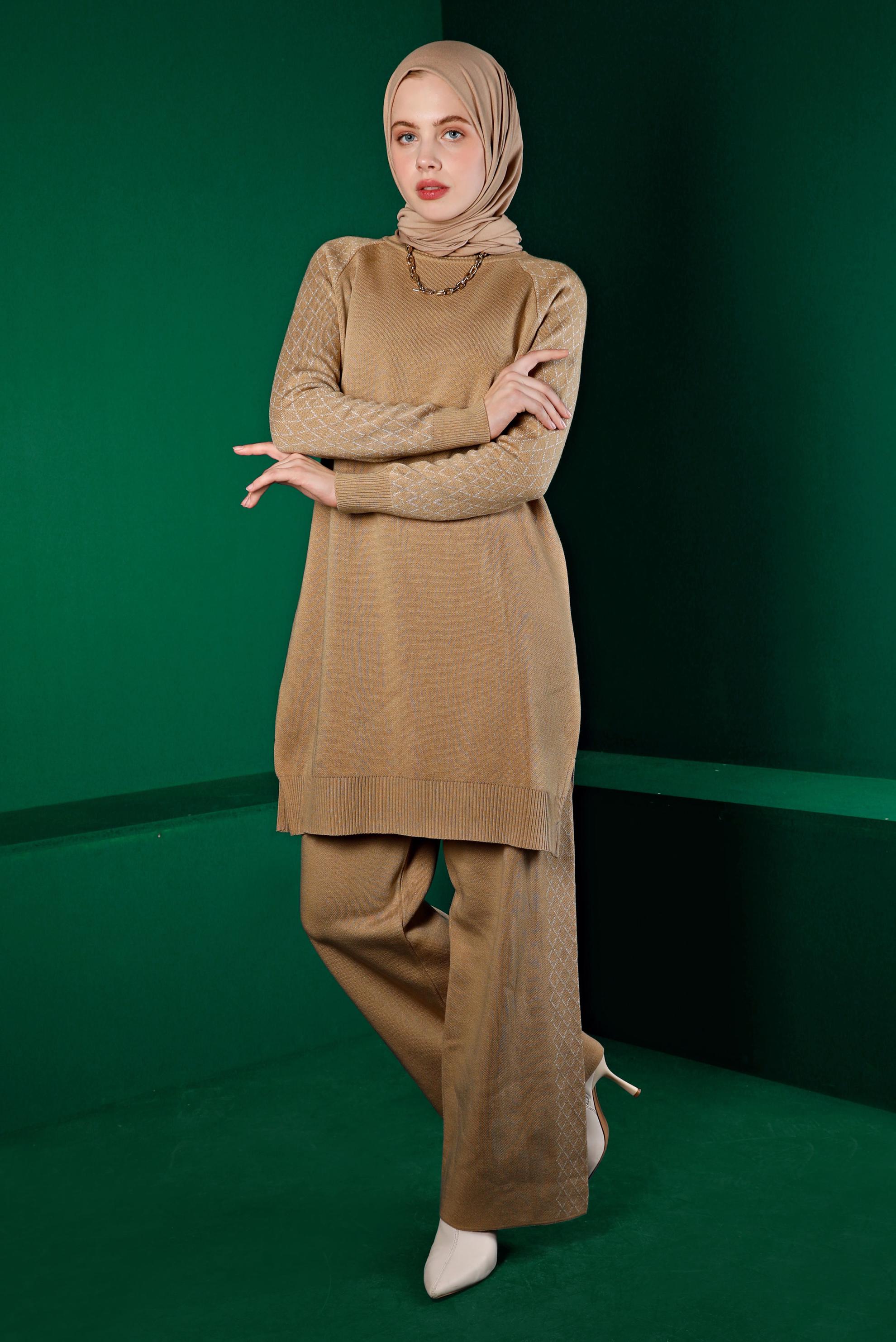 Tesettür giyim KAHVE DESENLİ İKİLİ TRİKO PANT. TAKIM 43218 