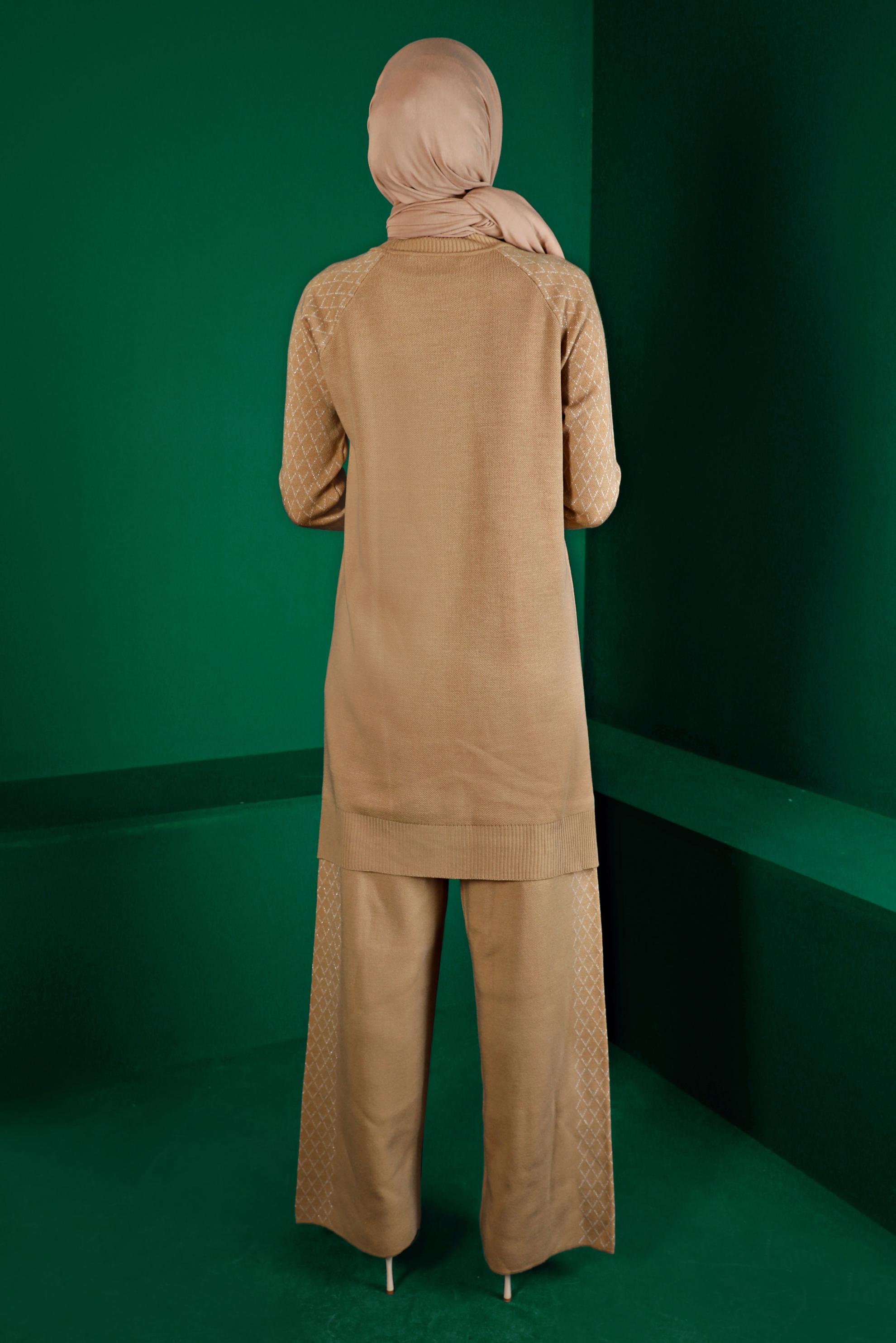 Tesettür giyim KAHVE DESENLİ İKİLİ TRİKO PANT. TAKIM 43218 
