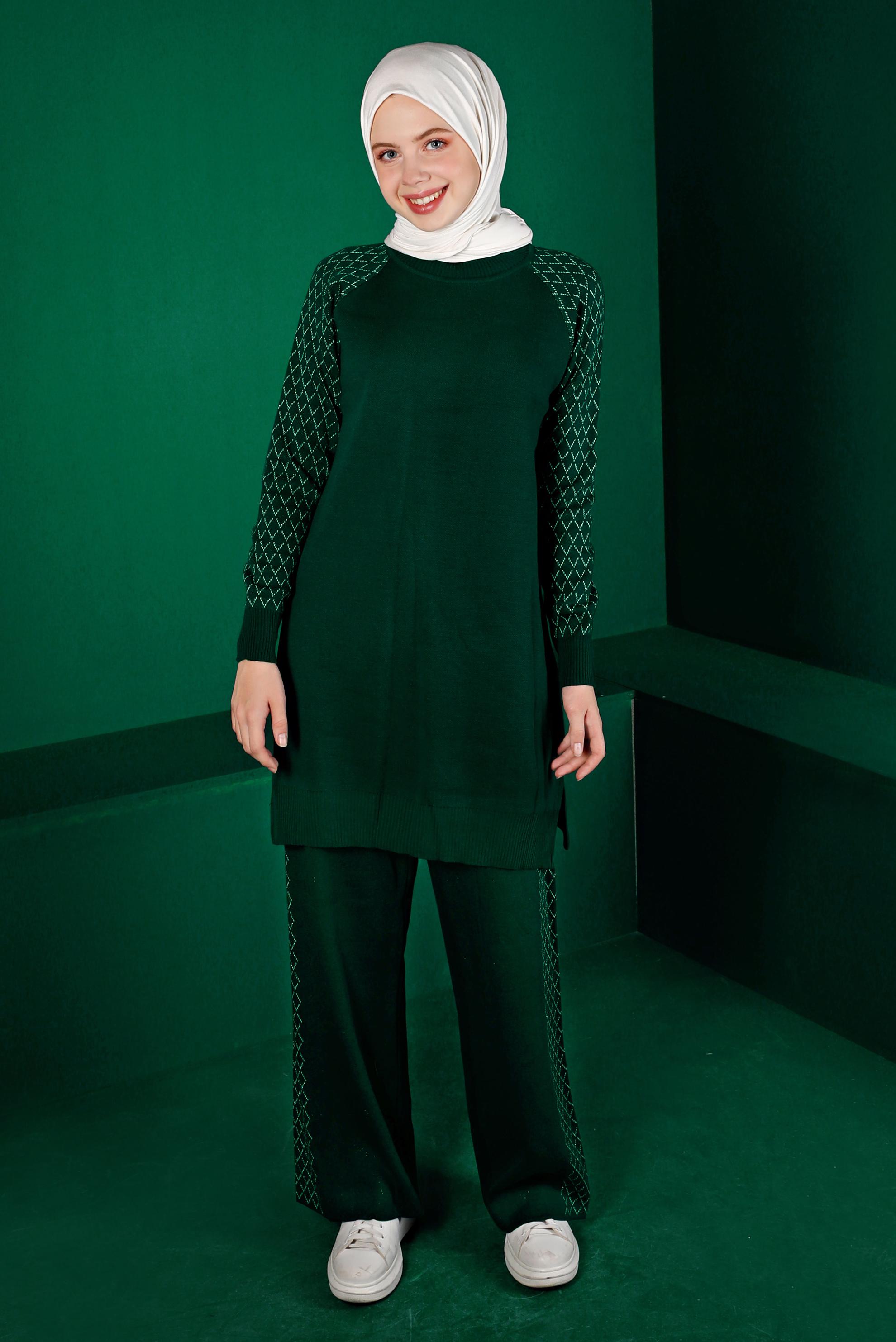 Tesettür giyim YEŞİL DESENLİ İKİLİ TRİKO PANT. TAKIM 43218 