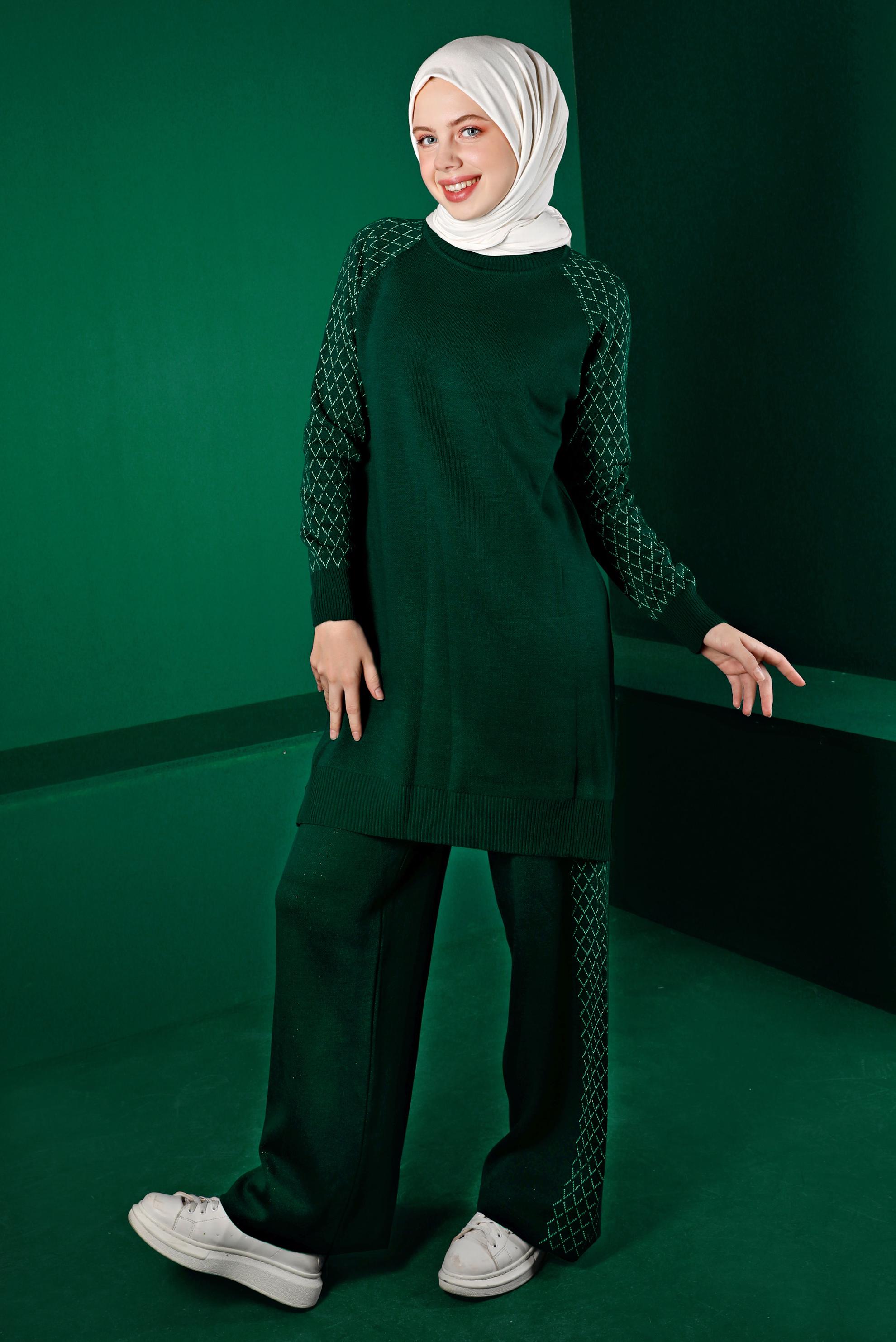 Tesettür giyim YEŞİL DESENLİ İKİLİ TRİKO PANT. TAKIM 43218 