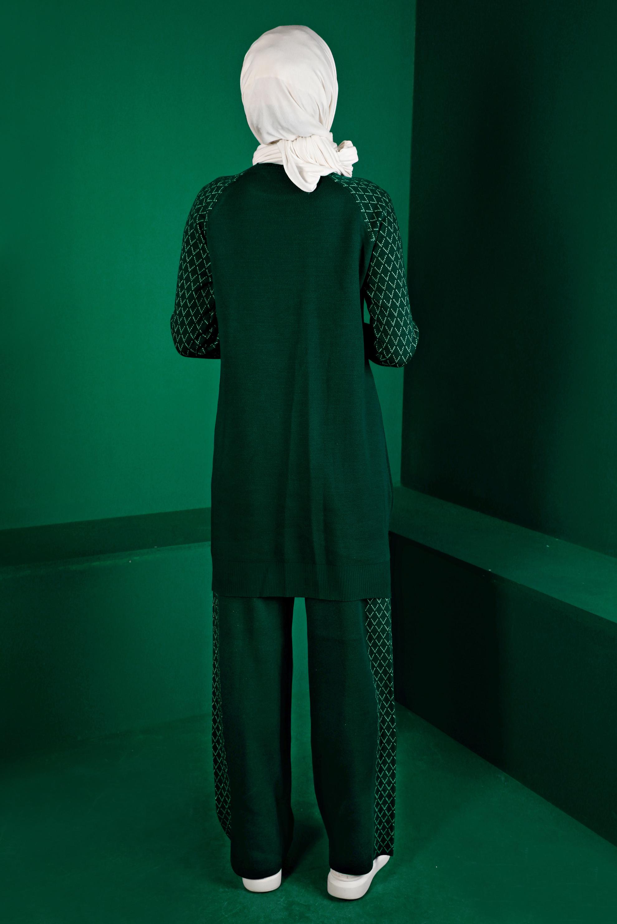 Tesettür giyim YEŞİL DESENLİ İKİLİ TRİKO PANT. TAKIM 43218 